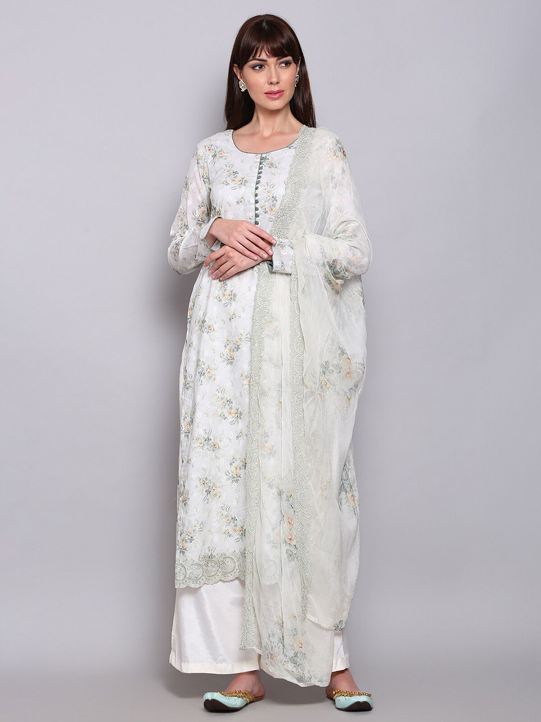 Stylee LIFESTYLE Off White & Green Printed Unstitched Dress Material Price in India