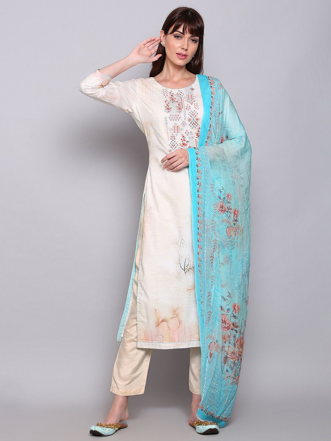 Stylee LIFESTYLE Cream-Coloured & Blue Embroidered Unstitched Dress Material Price in India