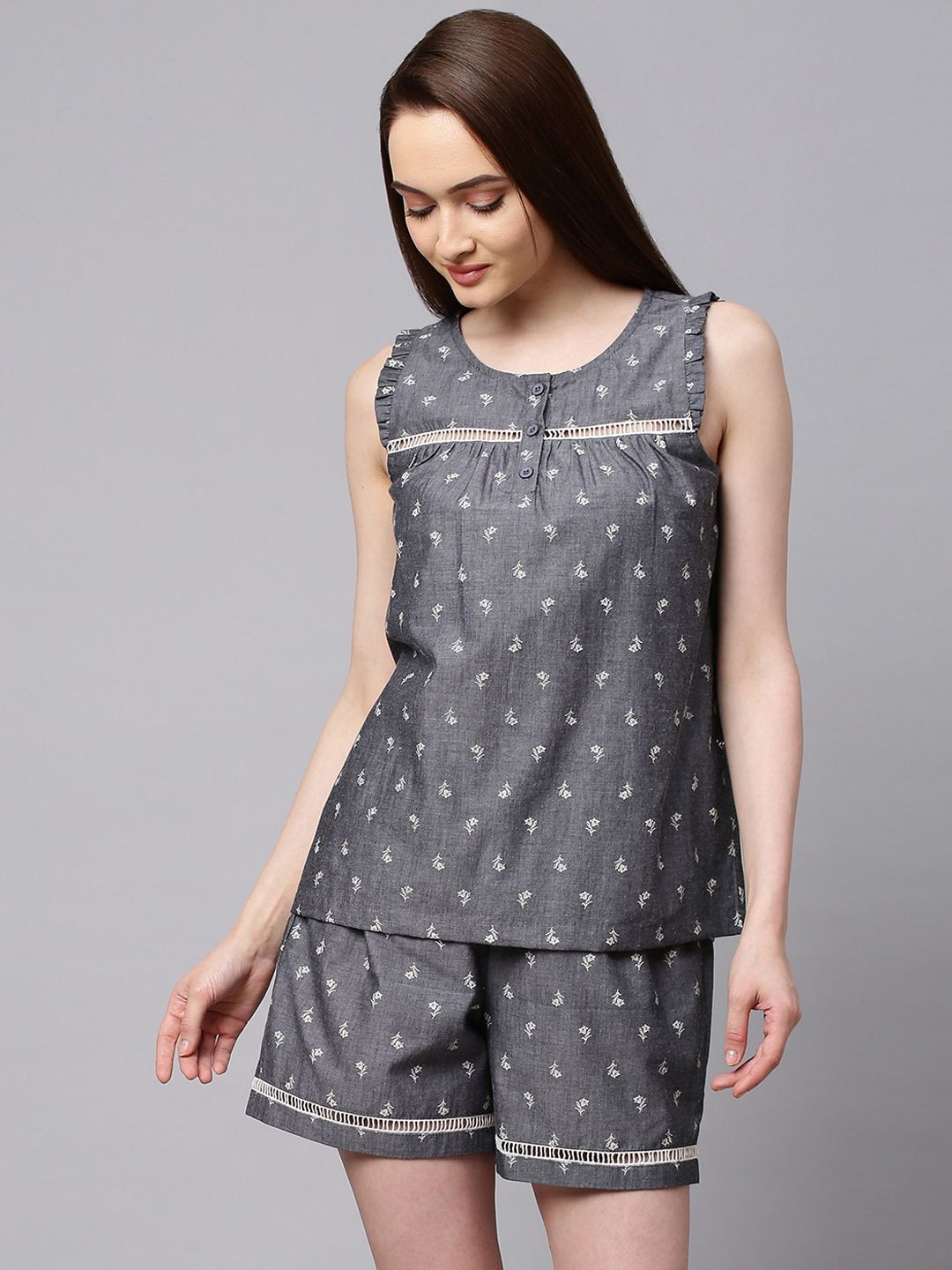 Chemistry Women Grey & White Printed Pure Cotton Night suit with Lace Detail Price in India