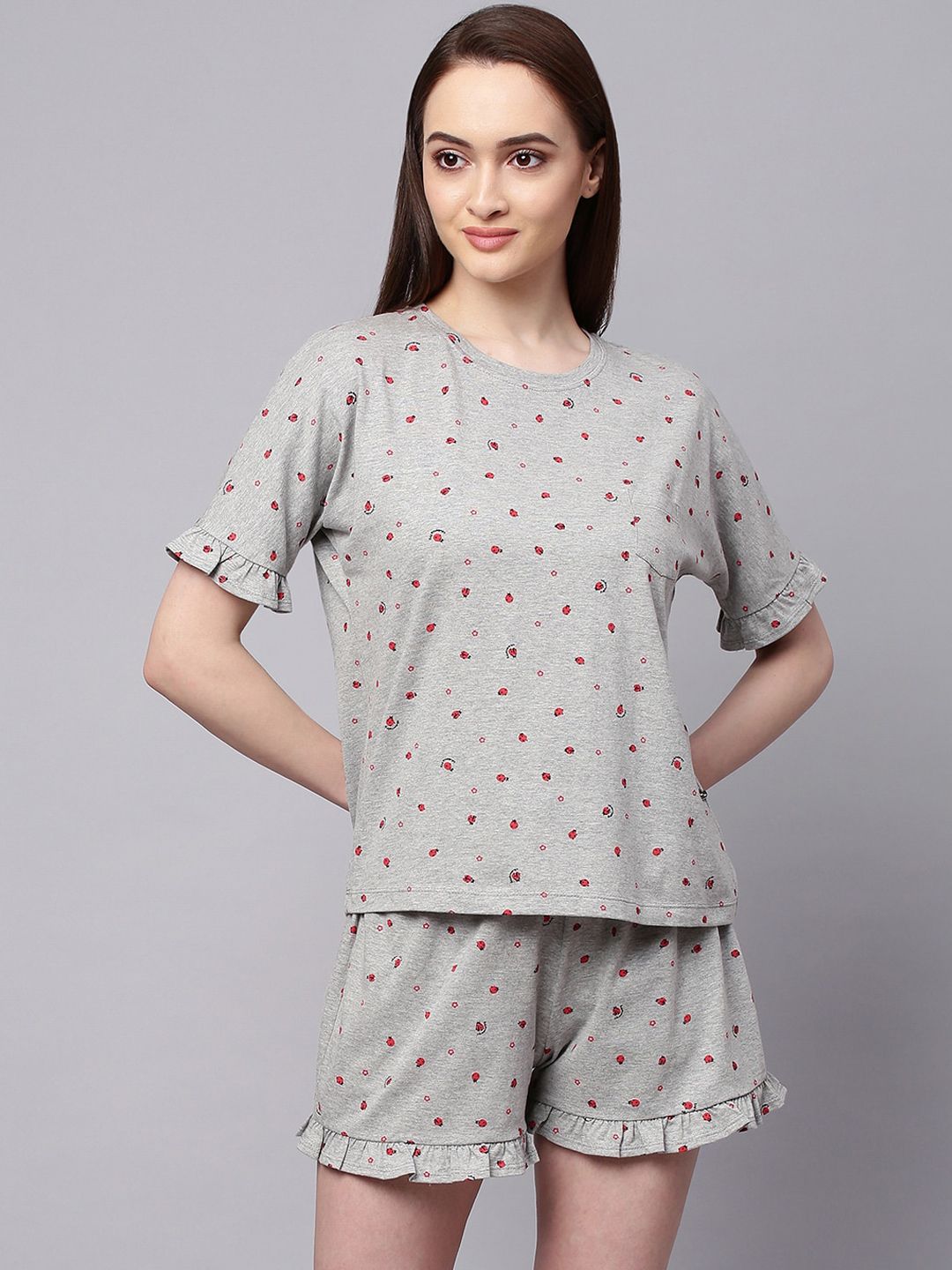 Chemistry Women Grey & Red Printed Cotton Night suit Price in India