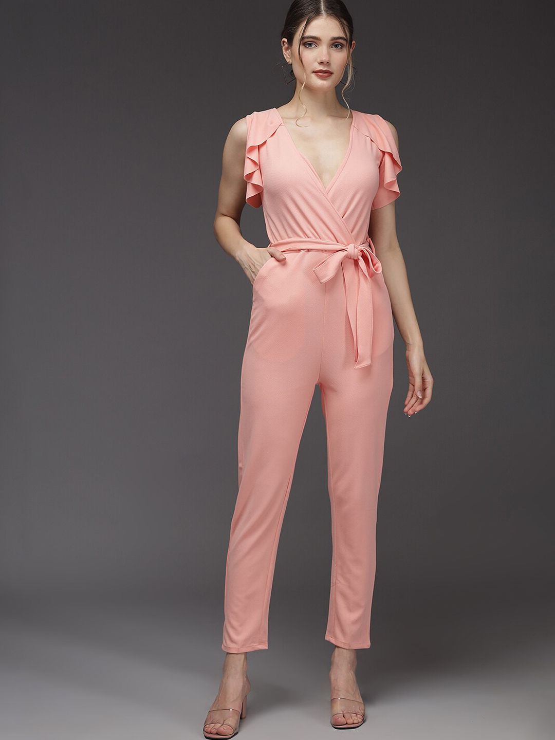 Darzi Women Peach-Coloured Basic Jumpsuit With Ruffled Sleeves Price in India