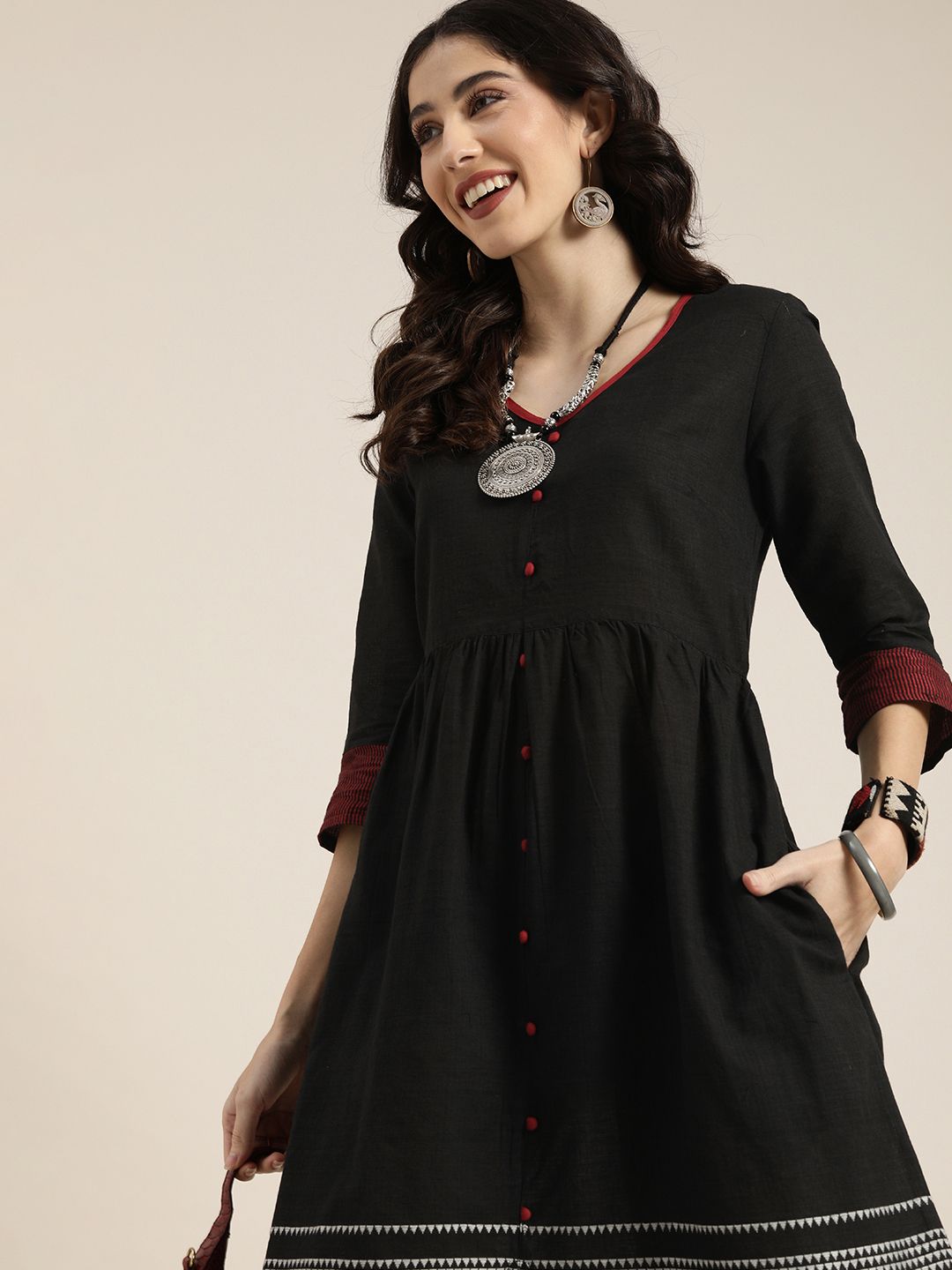 Taavi Black Ethnic Woven Legacy Pure Cotton A-Line Midi Dress Price in India