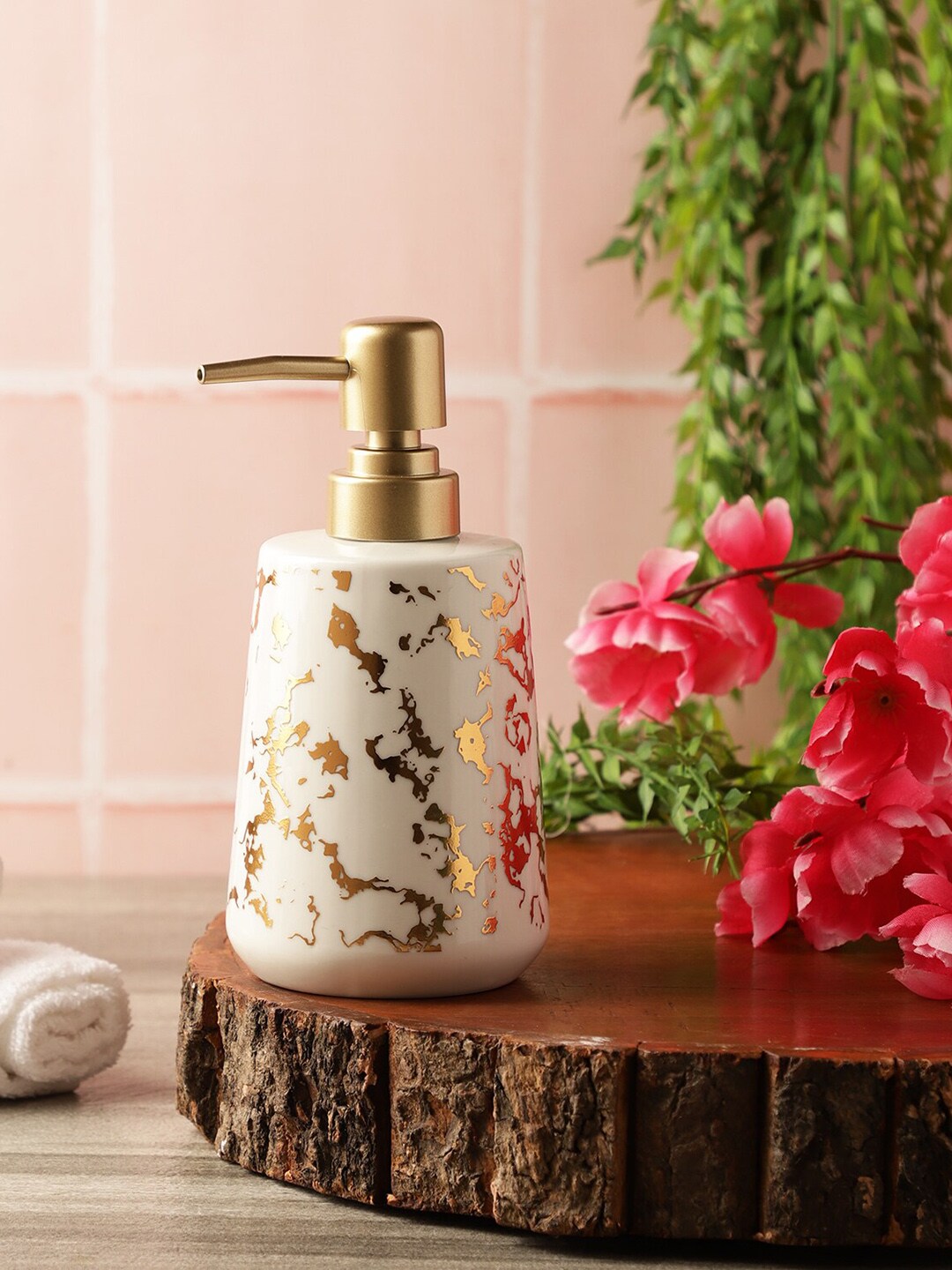 The Decor Mart White & Gold-Toned Patterned Ceramic Soap Dispenser Price in India