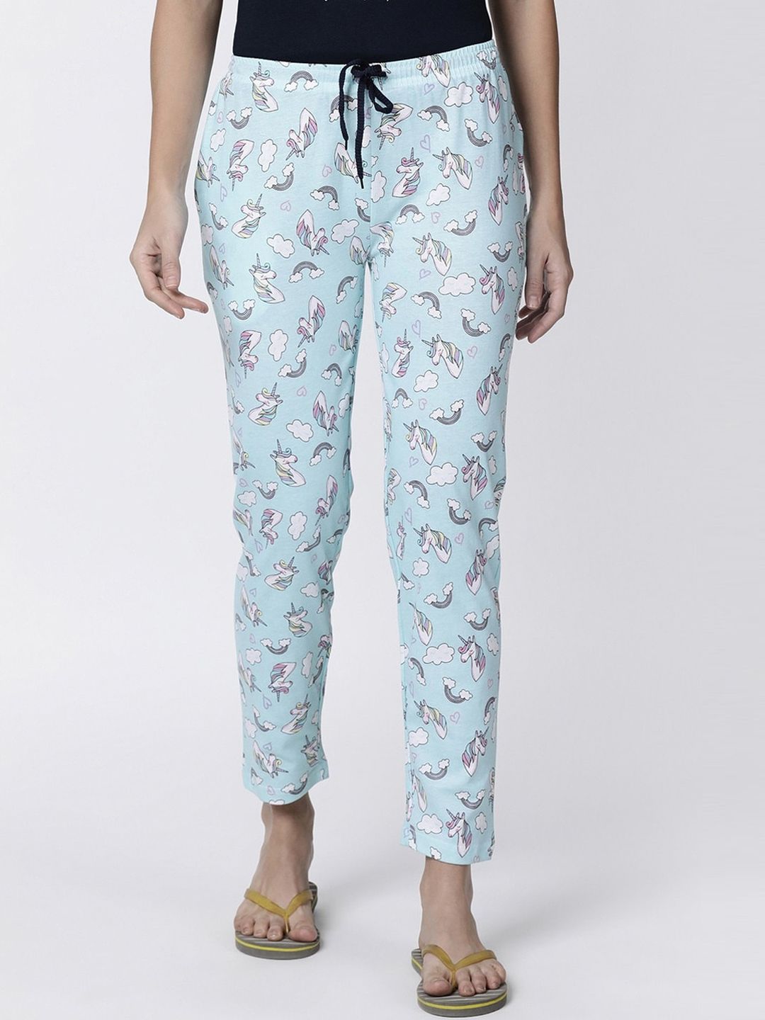 Kryptic Women Blue & White Printed Cotton Lounge Pants Price in India