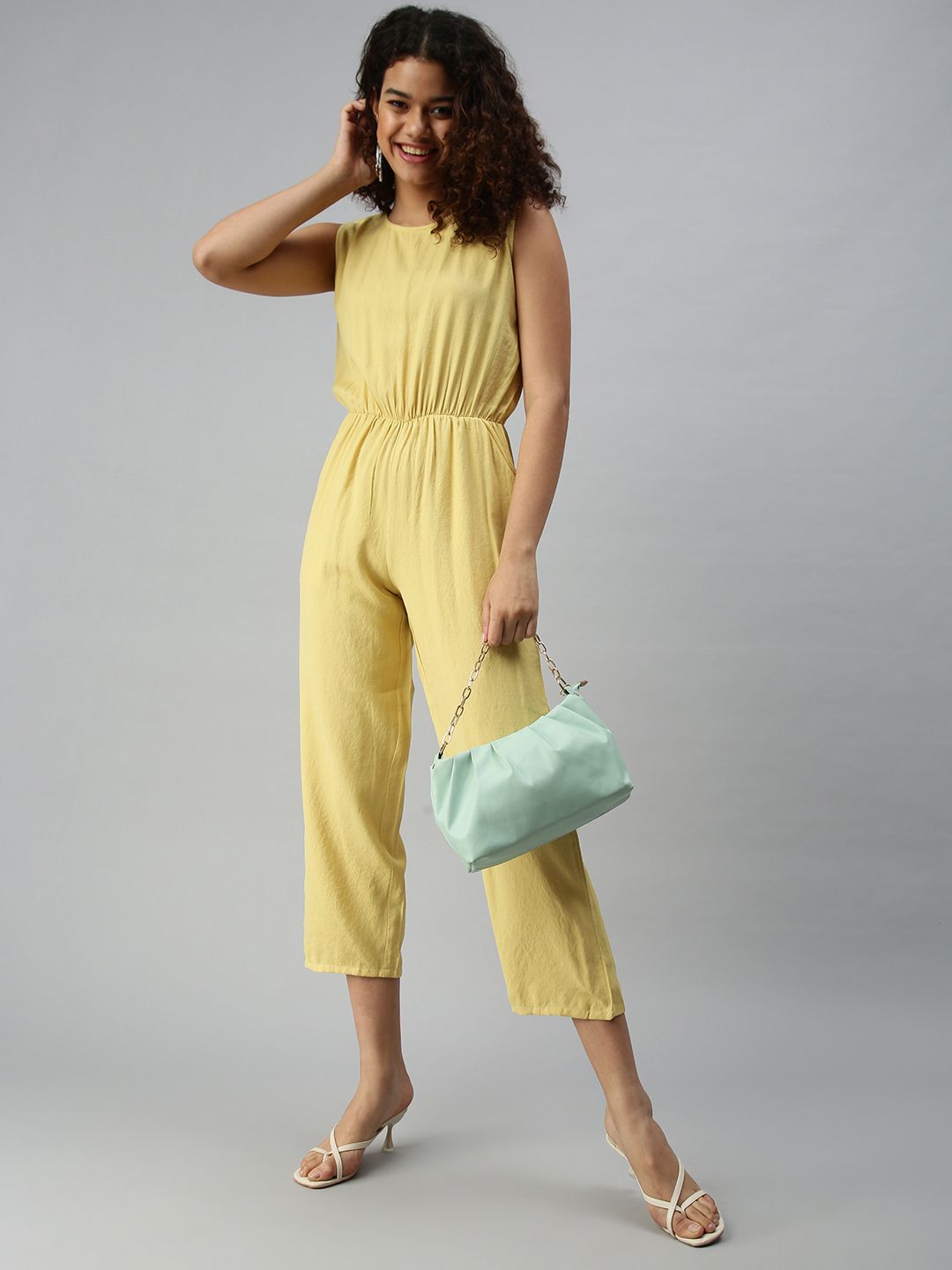 SHOWOFF Yellow Solid Cotton Culotte Jumpsuit Price in India