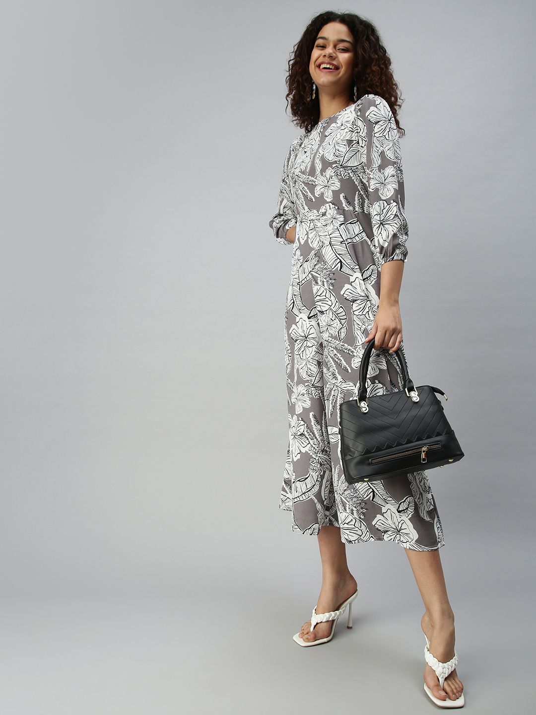 SHOWOFF Women Grey & White Printed Culottes Jumpsuit Price in India