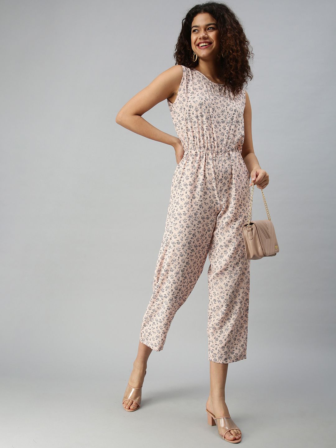 SHOWOFF Women Peach-Coloured & Black Printed Basic Jumpsuit Price in India