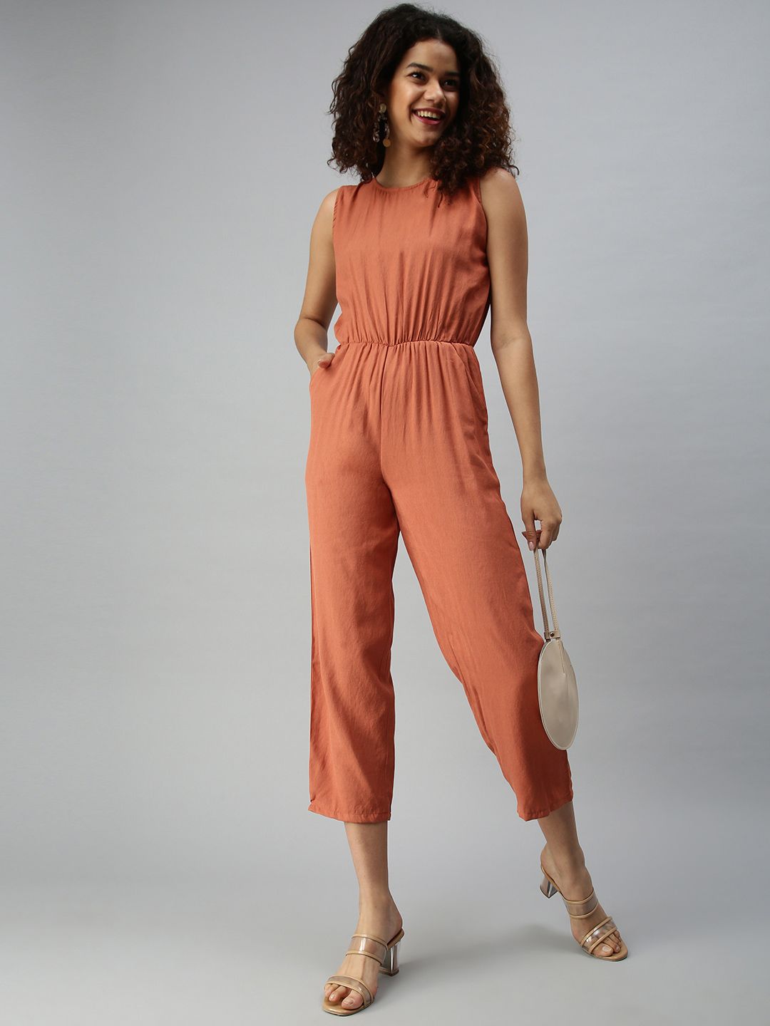 SHOWOFF Women Brown Basic Jumpsuit Price in India