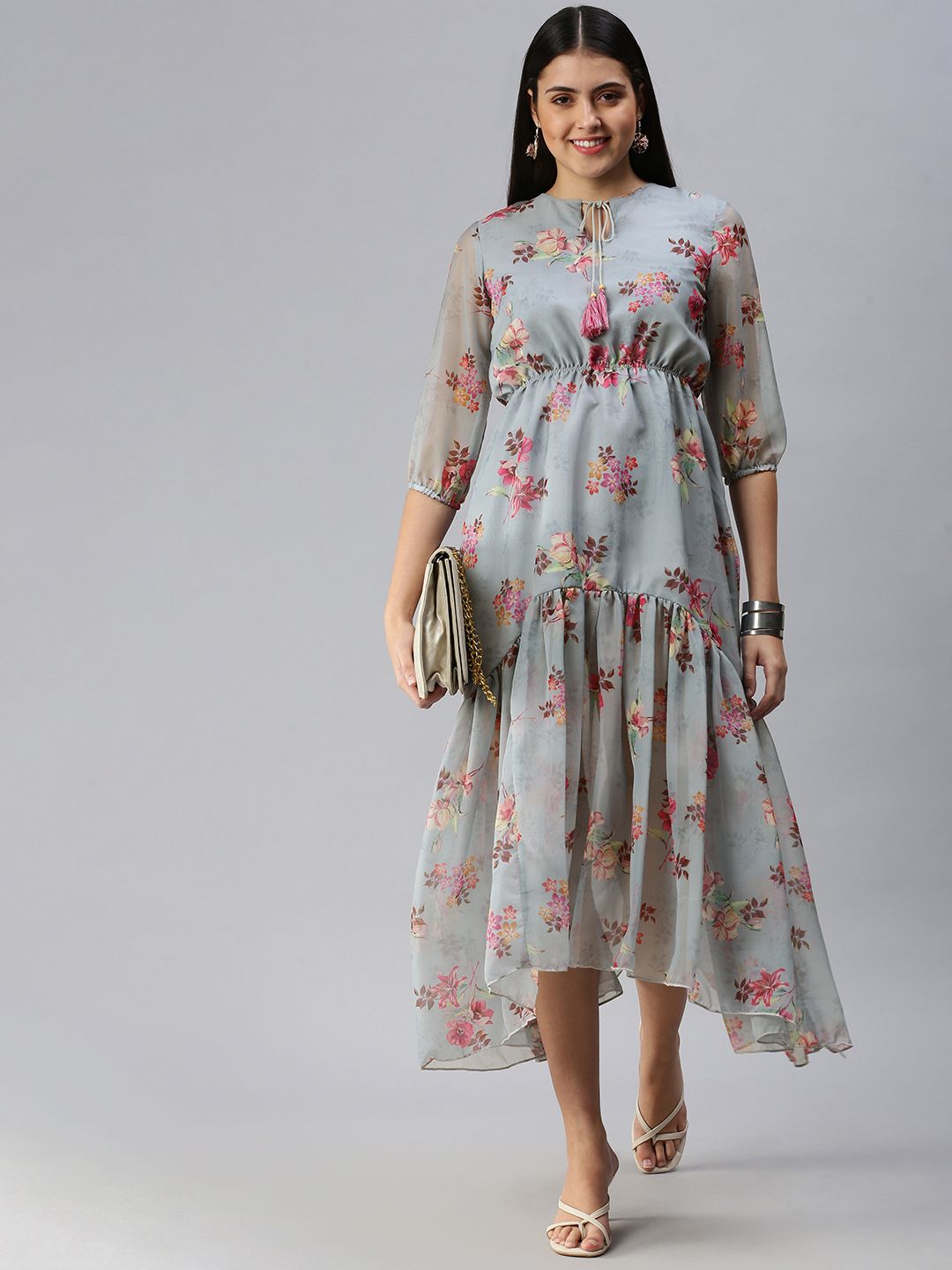 ETIQUETTE Grey & Pink Floral Tie-Up Neck Georgette A-Line Midi Dress Price in India