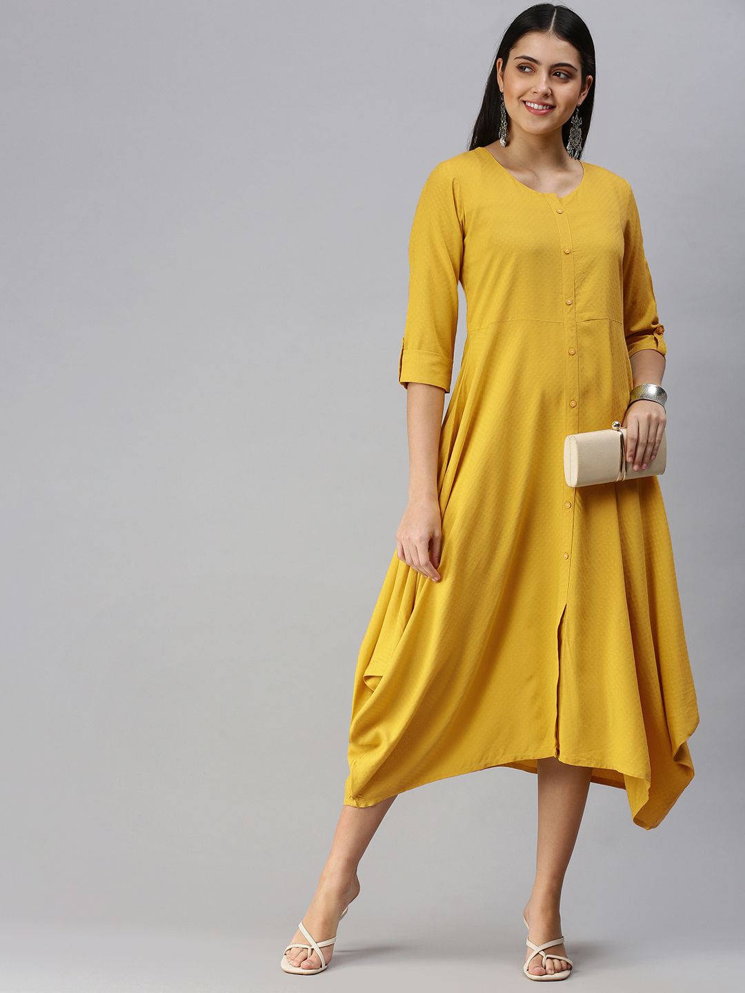 ETIQUETTE Yellow Embroidered A-Line Midi Dress Price in India