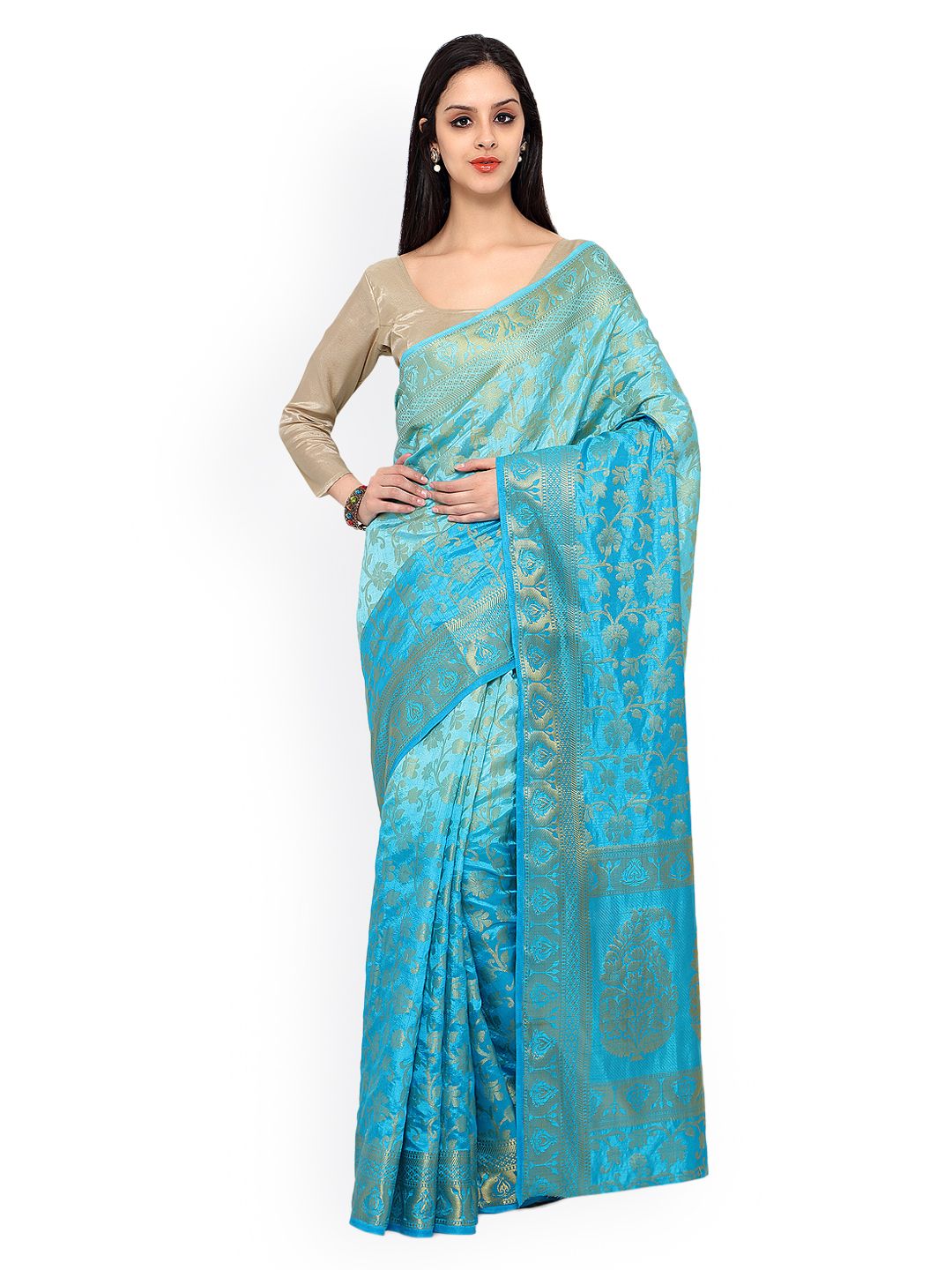 Varkala Silk Sarees Turquoise Blue Kanjeevaram Tussar Silk Traditional Saree Price in India