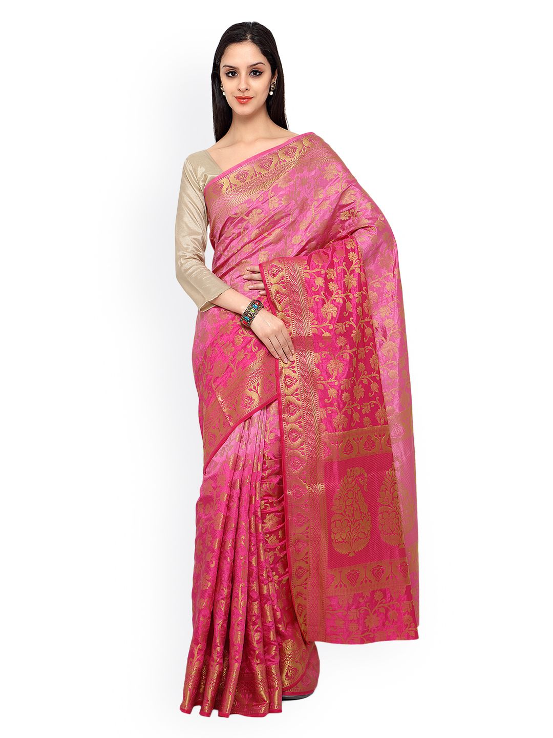Varkala Silk Sarees Pink Kanjeevaram Tussar Silk Traditional Saree Price in India