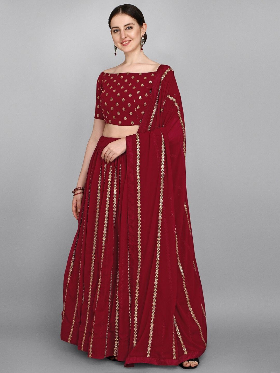 Fashion Basket Maroon & Gold-Toned Embellished Sequinned Semi-Stitched Lehenga & Unstitched Blouse With Price in India