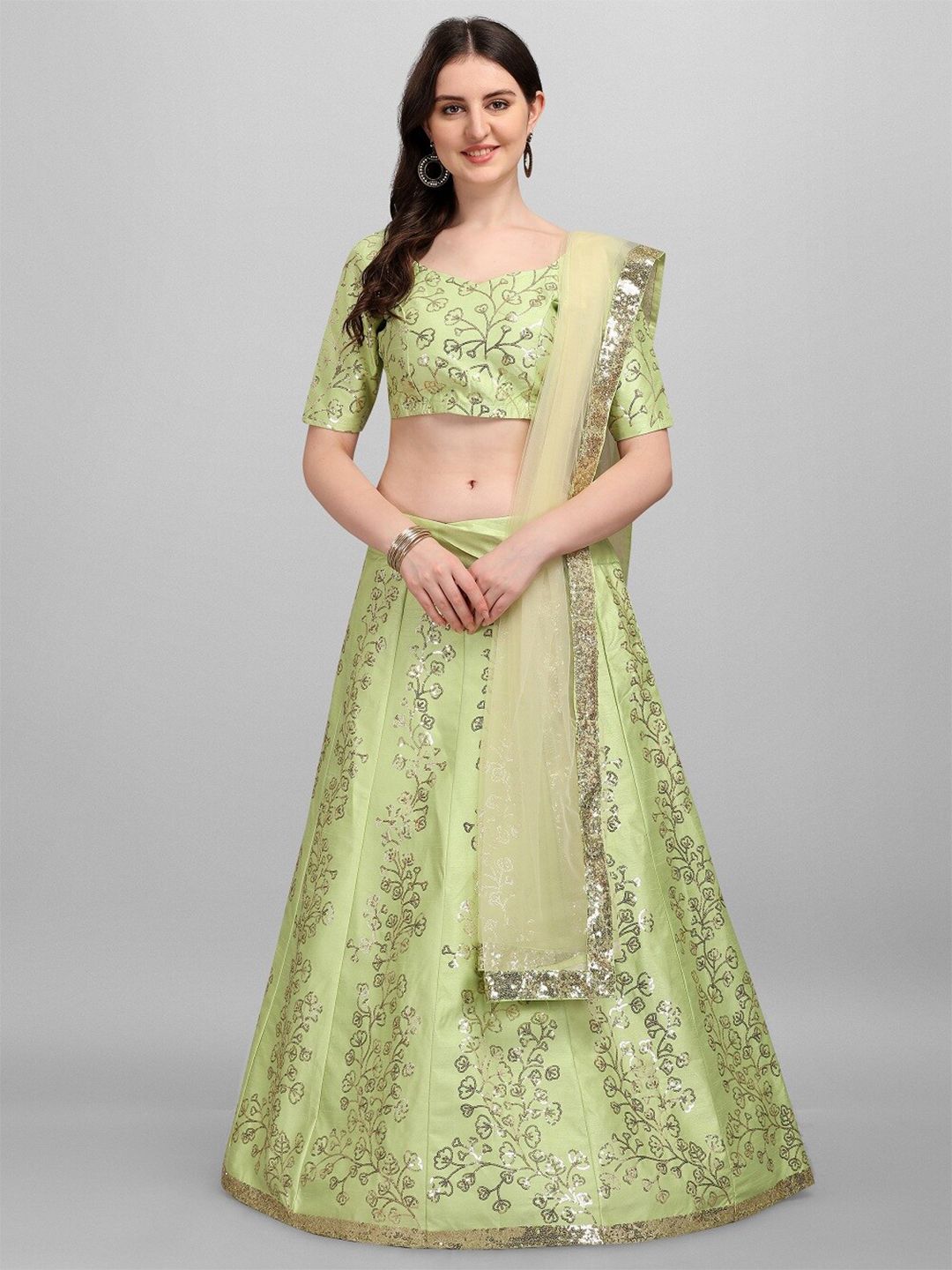 Fashion Basket Green Embellished Sequinned Semi-Stitched Lehenga & Unstitched Choli Set Price in India