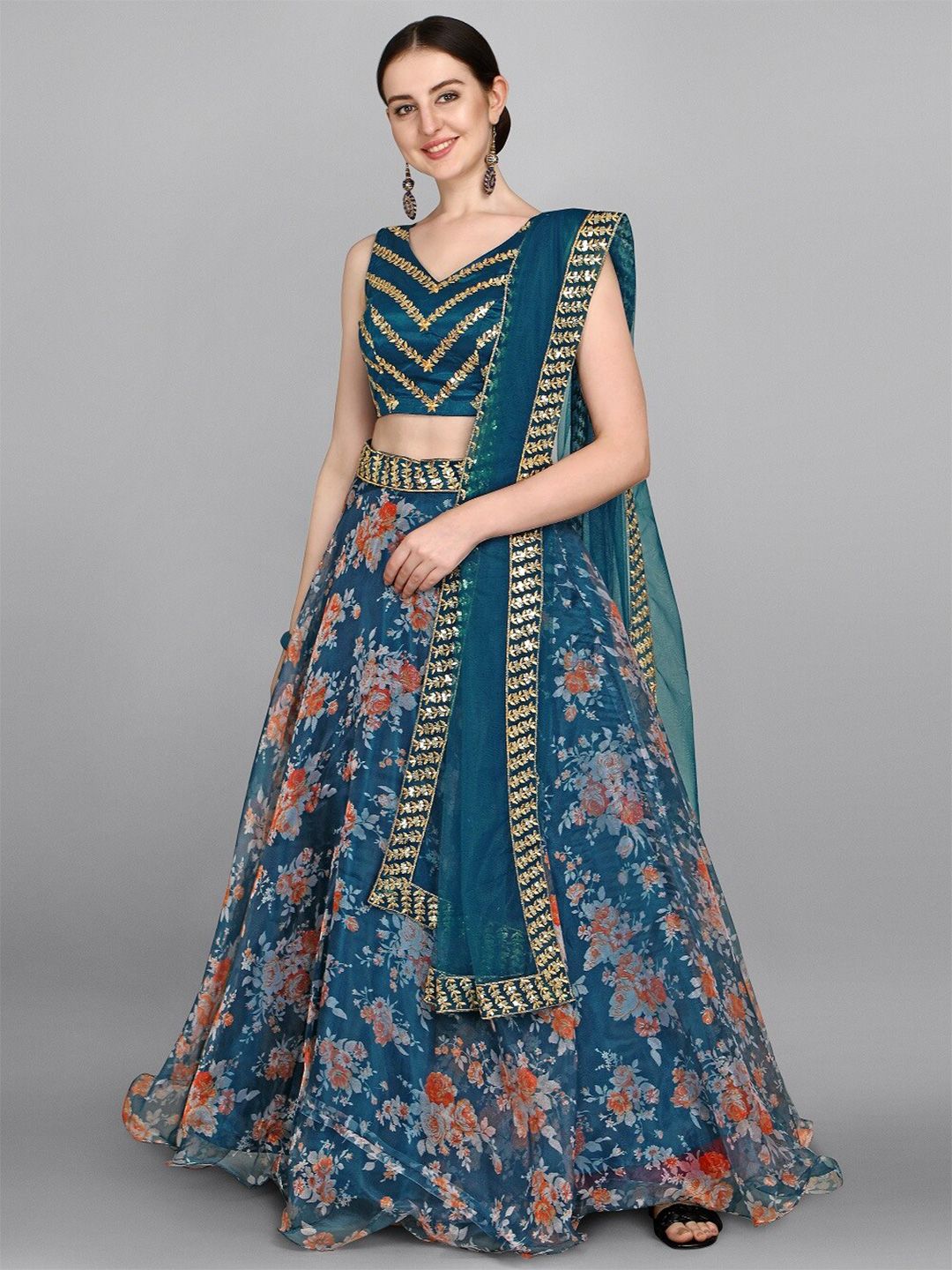 Fashion Basket Turquoise Blue Embellished Sequinned Semi-Stitched Lehenga & Unstitched Blouse With Dupatta Price in India