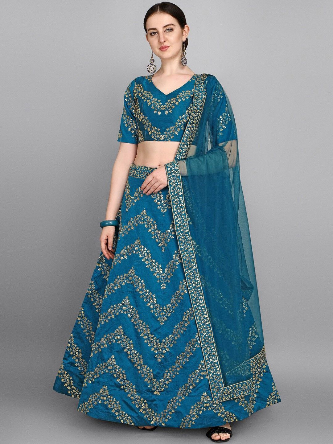 Fashion Basket Teal Blue & Golden Semi-Stitched Lehenga & Unstitched Blouse With Dupatta Price in India