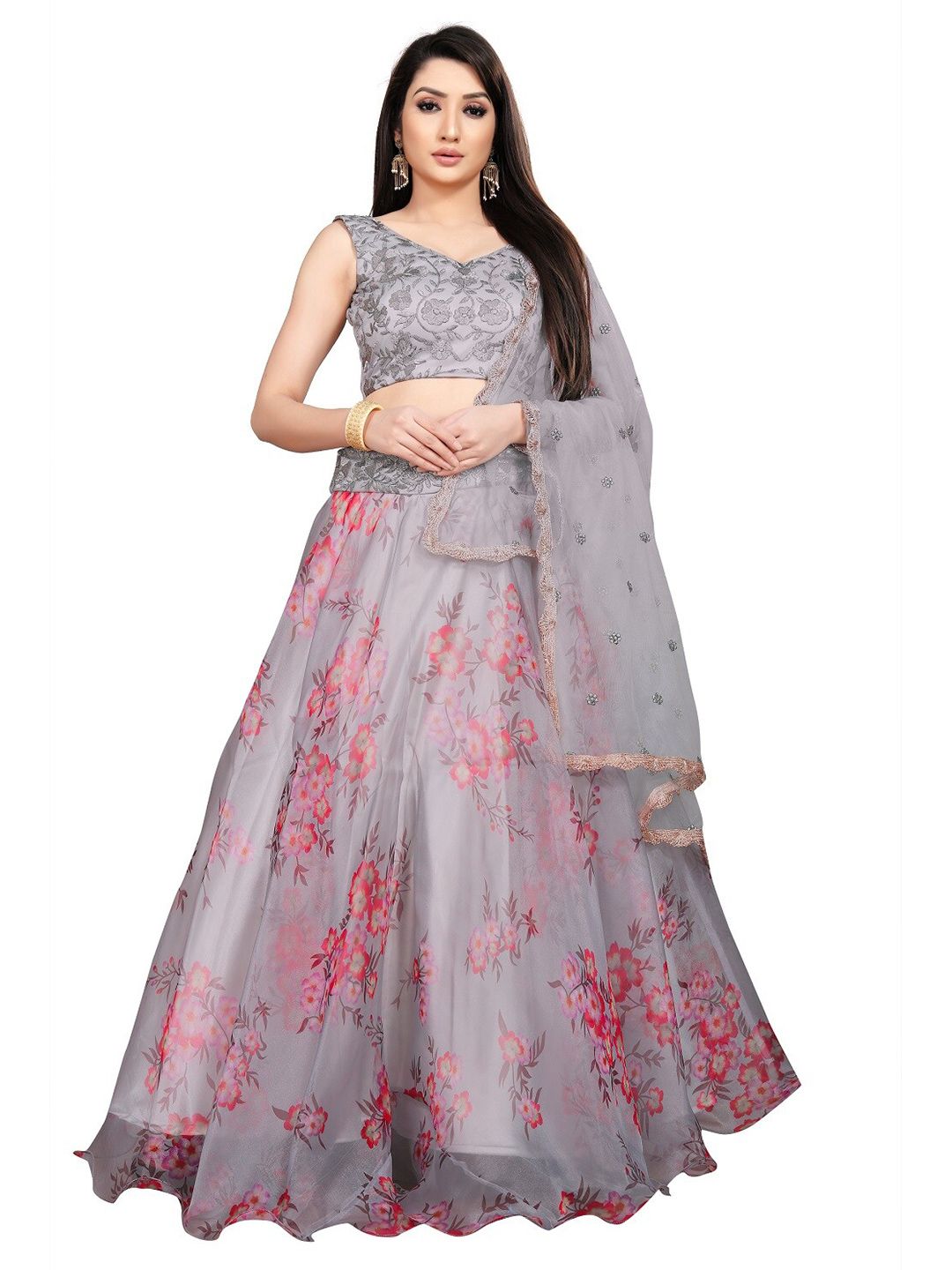 Fashion Basket Grey & Red Semi-Stitched Lehenga & Unstitched Blouse With Dupatta Price in India