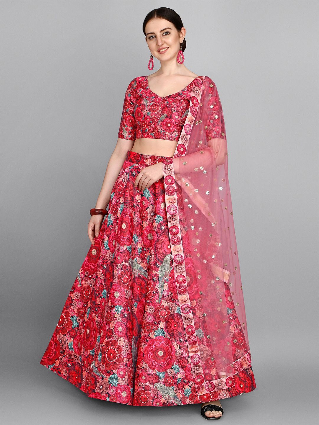 Fashion Basket Red & Pink Printed Semi-Stitched Lehenga & Unstitched Blouse With Dupatta Price in India
