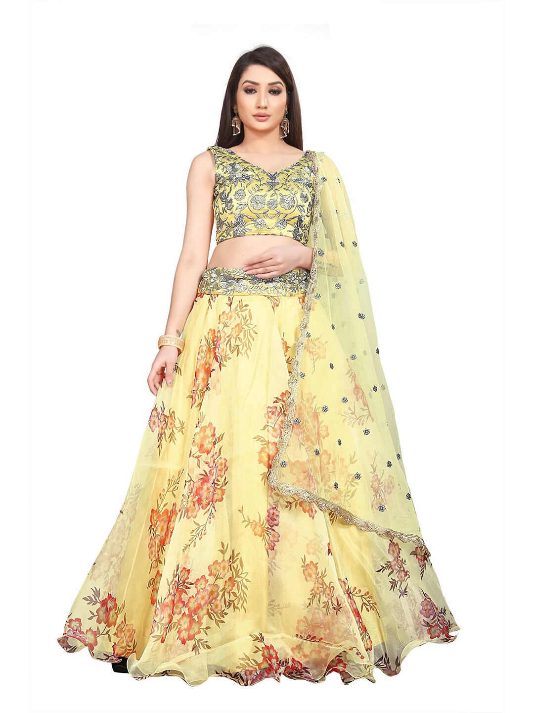 Fashion Basket Yellow & Red Embroidered Sequinned Semi-Stitched Lehenga & Unstitched Blouse With Dupatta Price in India