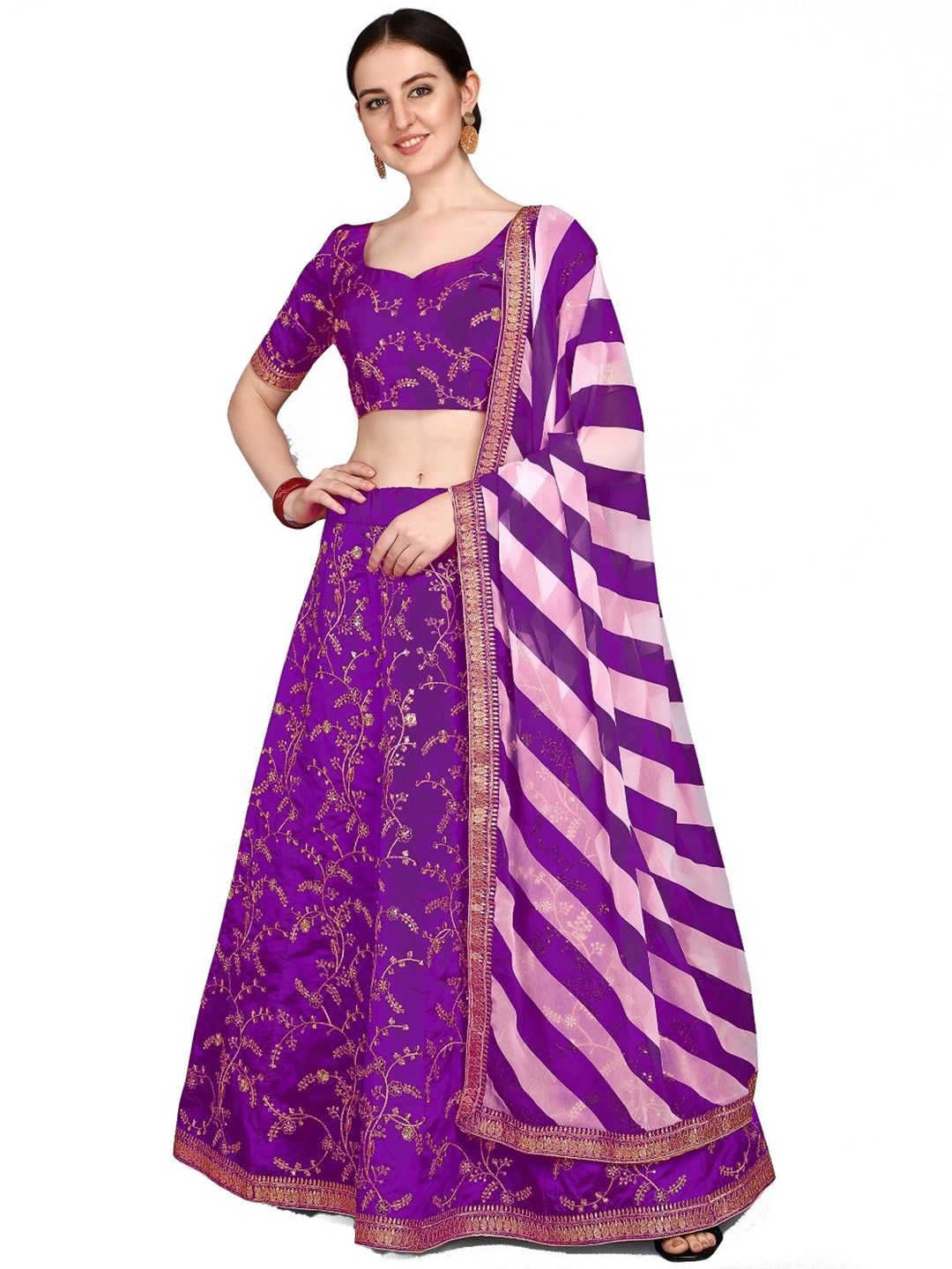 Fashion Basket Purple & Golden Semi-Stitched Lehenga & Unstitched Blouse With Dupatta Price in India