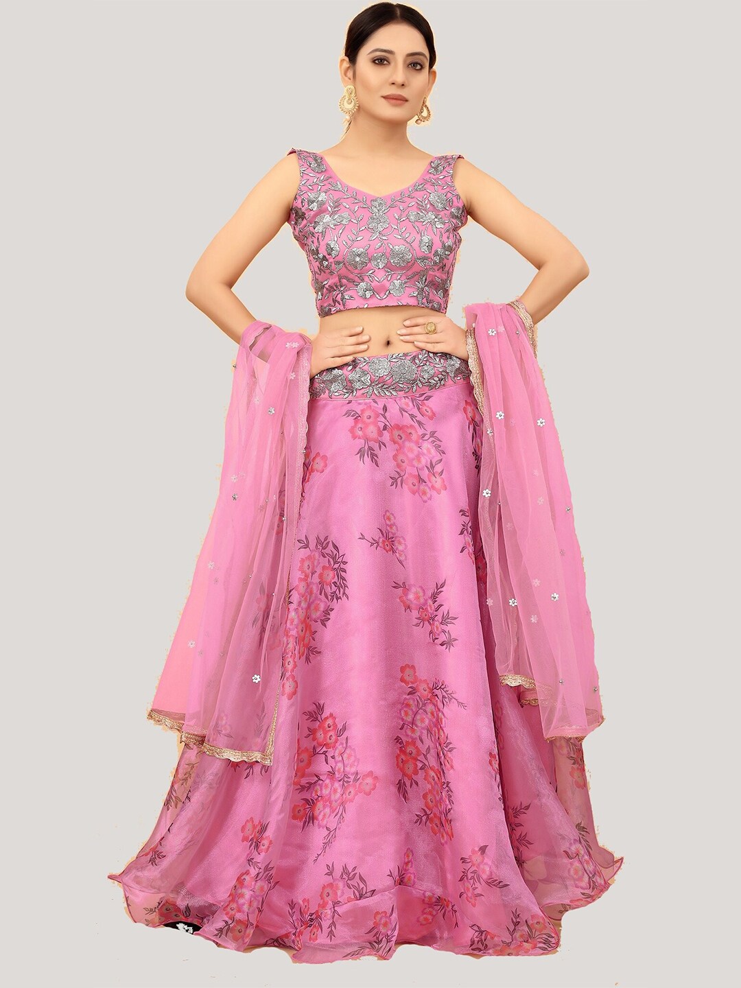 Fashion Basket Pink Embroidered Sequinned Semi-Stitched Lehenga & Unstitched Blouse With Dupatta Price in India