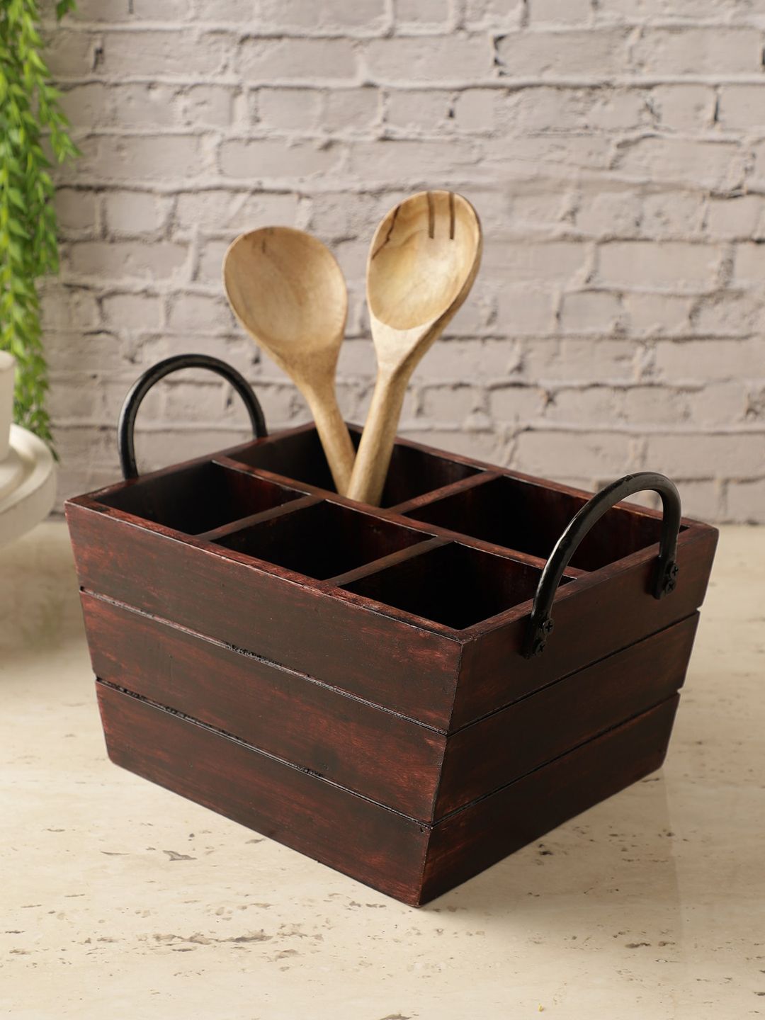 The Decor Mart Brown 5 Part Burnt Wood Finish Wooden Cutlery Caddy Price in India