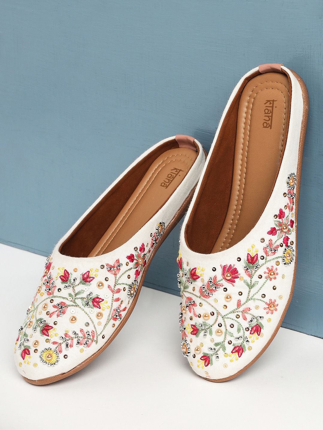 Kiana Women White Embellished Mules Flats Price in India