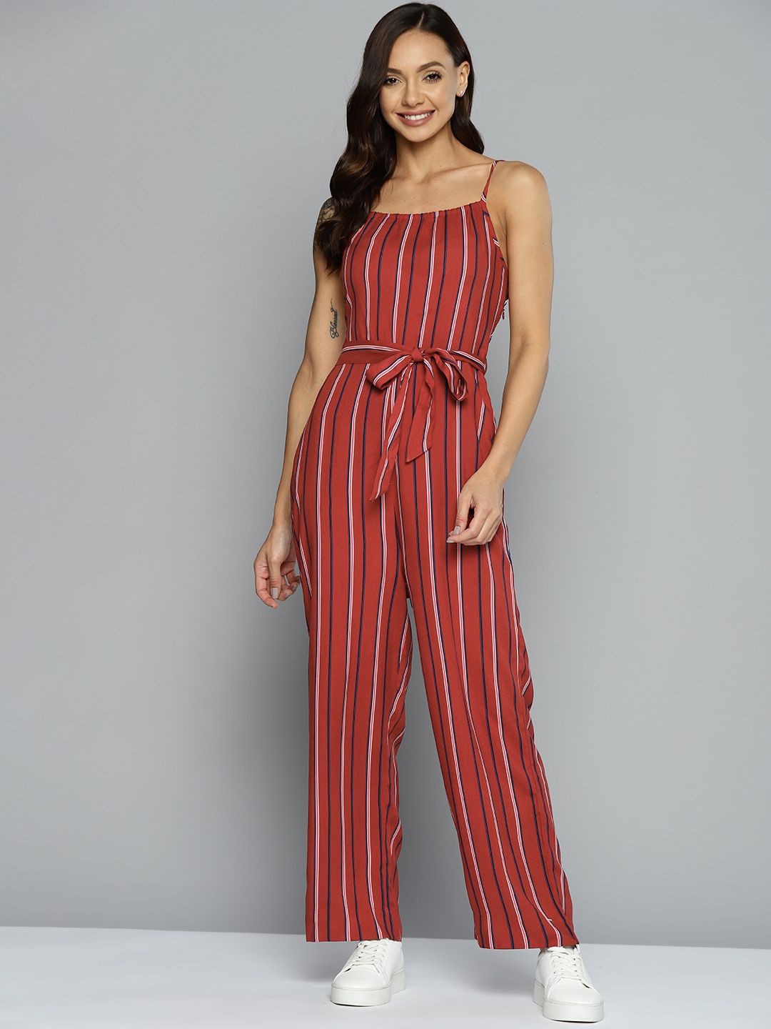 Mast & Harbour Maroon & Navy Blue Striped Smocked Detail Jumpsuit Comes with a Belt Price in India