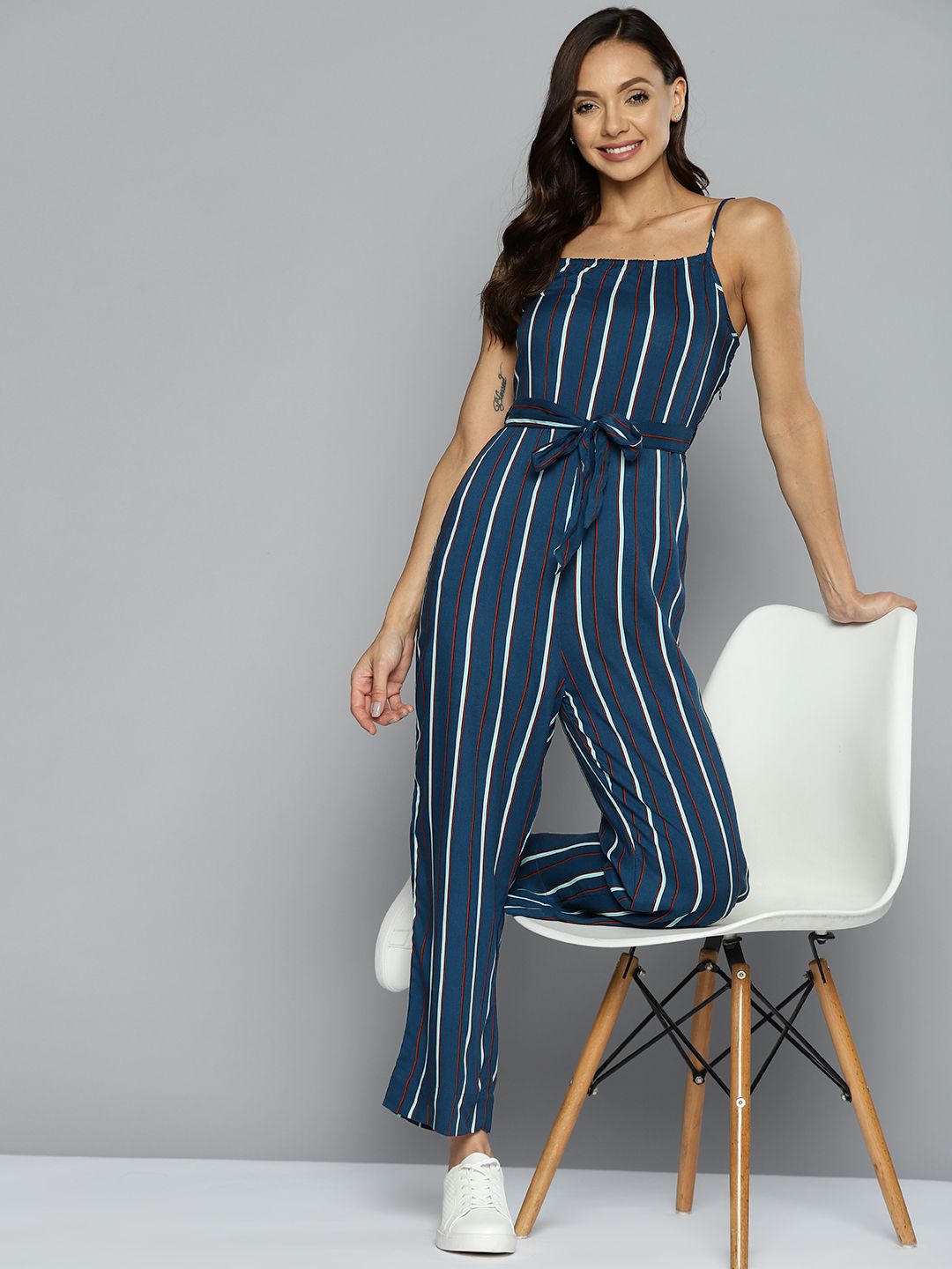 Mast & Harbour Navy Blue & White Striped Smocked Detail Jumpsuit Comes with a Belt Price in India