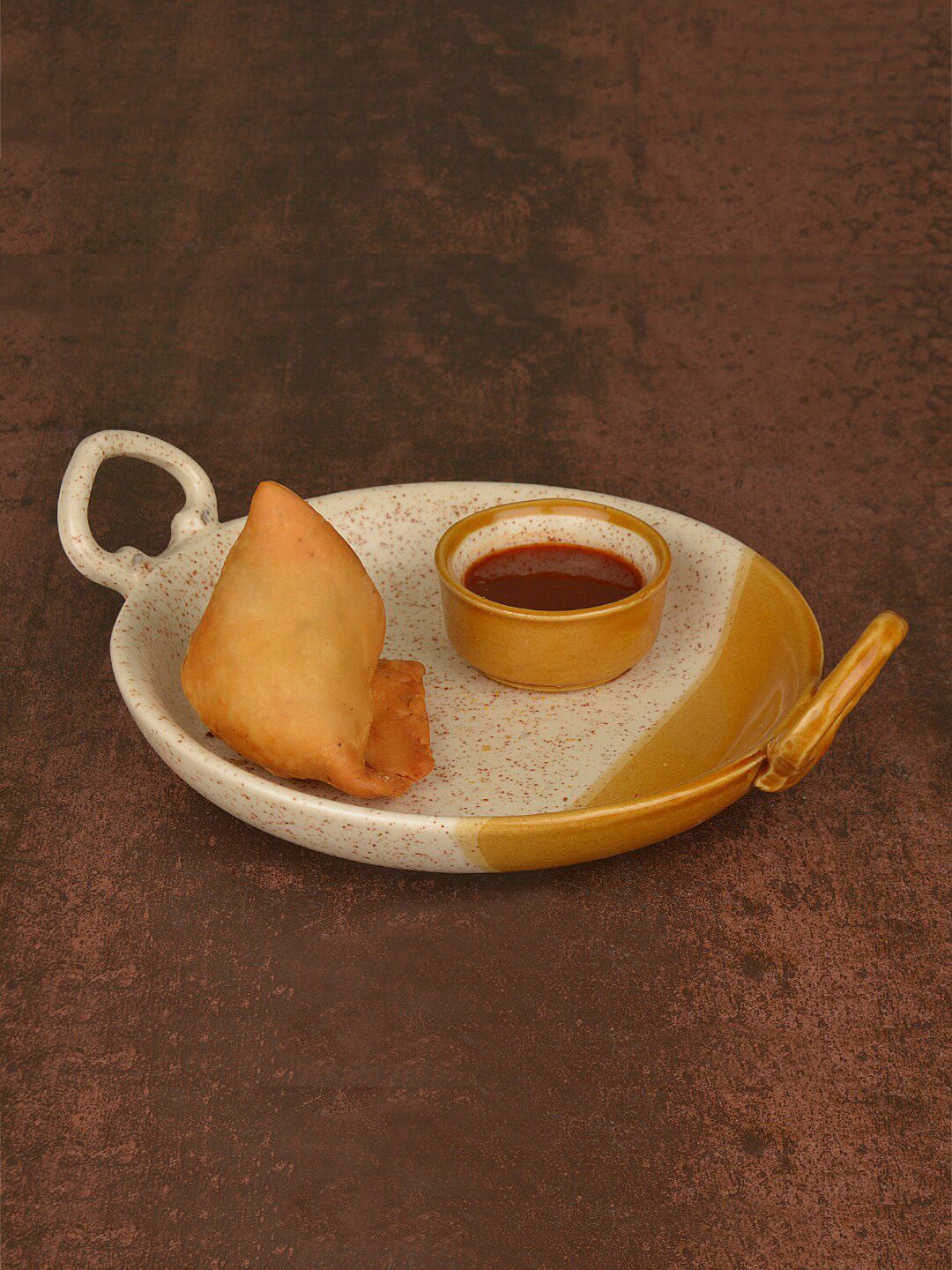 StyleMyWay Off White & Brown Ceramic Platter with Fixed Bowl Price in India