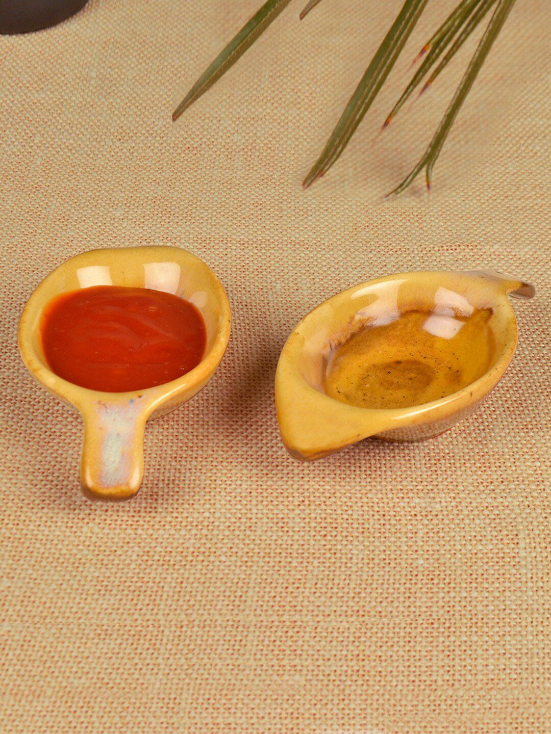 StyleMyWay Mustard Yellow Solid Leaf Shaped Ceramic Dip Bowls Price in India