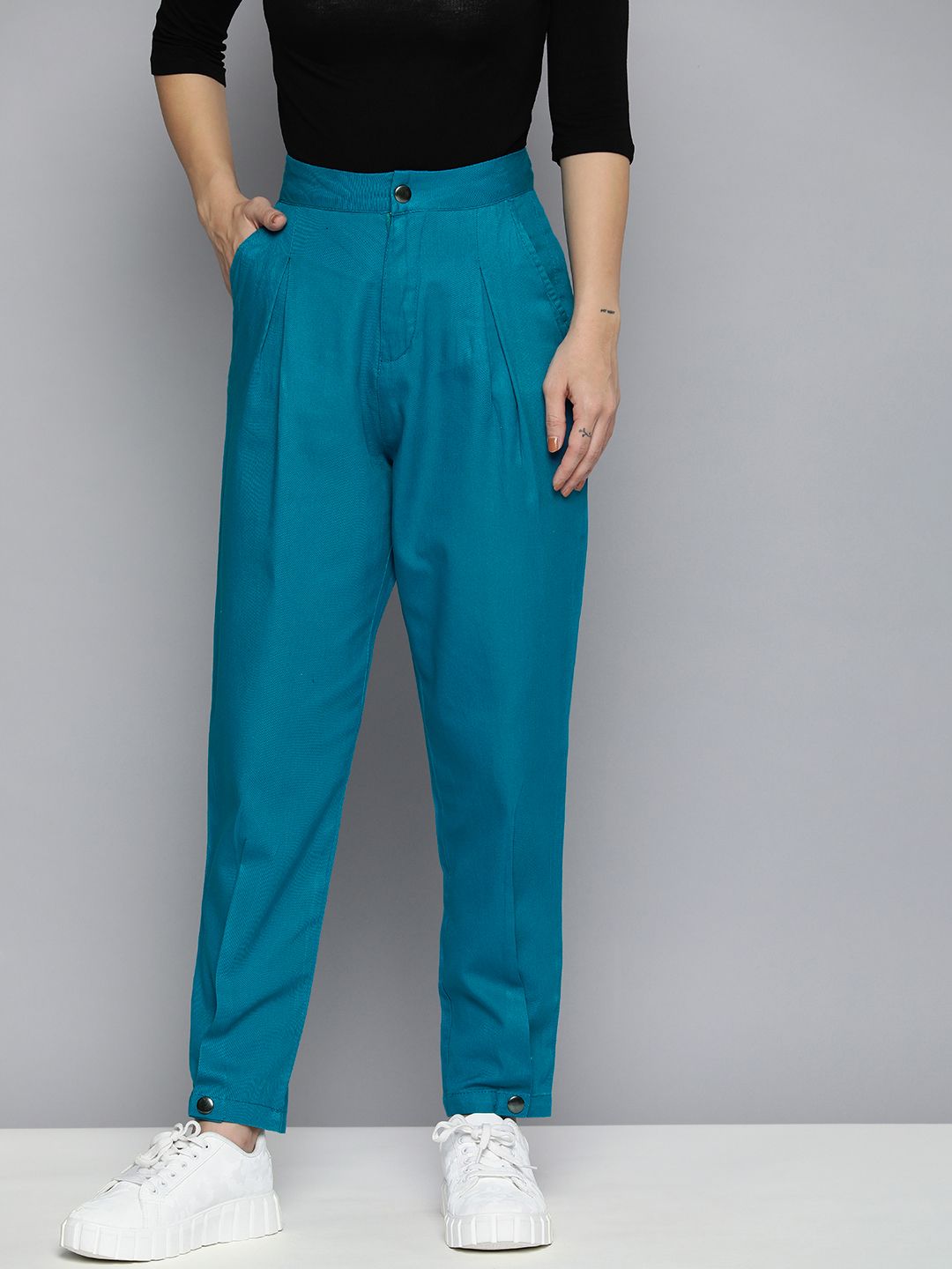 Mast & Harbour Women Teal Blue Regular Trousers Price in India