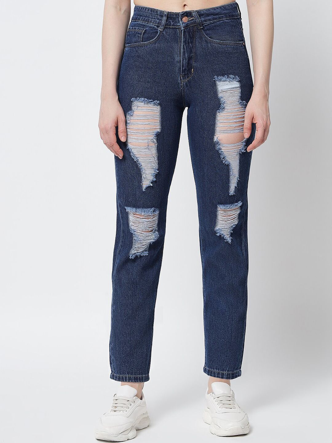 River Of Design Jeans Women Blue Mom Fit High-Rise Highly Distressed Cropped Cotton Jeans Price in India