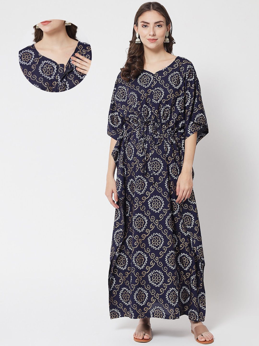 Aujjessa Navy Blue Ethnic Motifs Printed Maternity Kaftan Maxi Dress Price in India