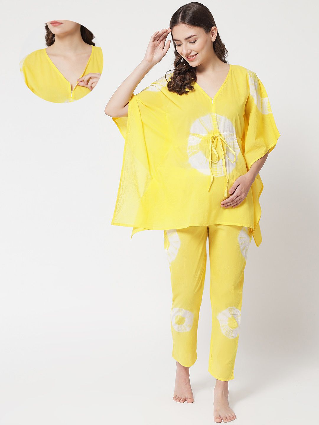 Aujjessa Women Yellow & White Tie & Dye Printed Pure Cotton Maternity Kaftan Night Suit Price in India