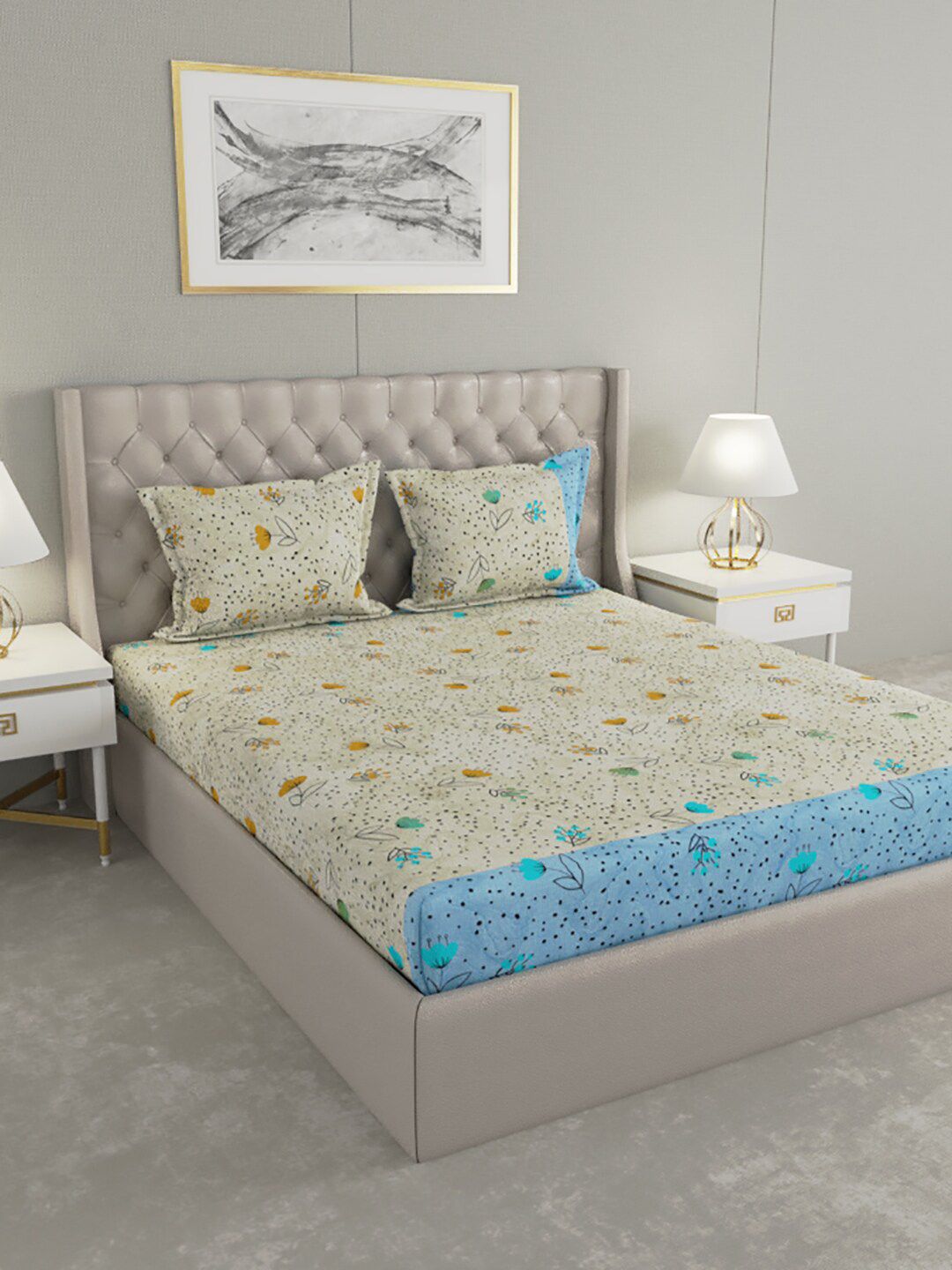 Raymond Home Beige & Blue Floral 200 TC King Bedsheet with 2 Pillow Covers Price in India