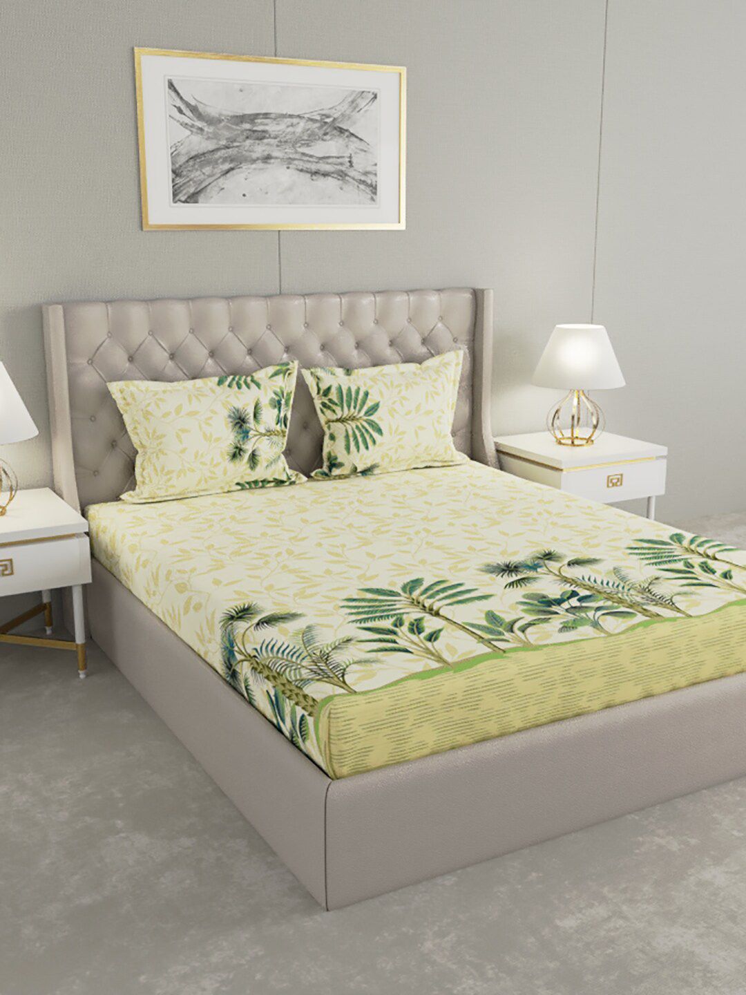 Raymond Home White & Green 200 TC King Floral Printed Cotton Bedsheet with 2 Pillow Covers Price in India