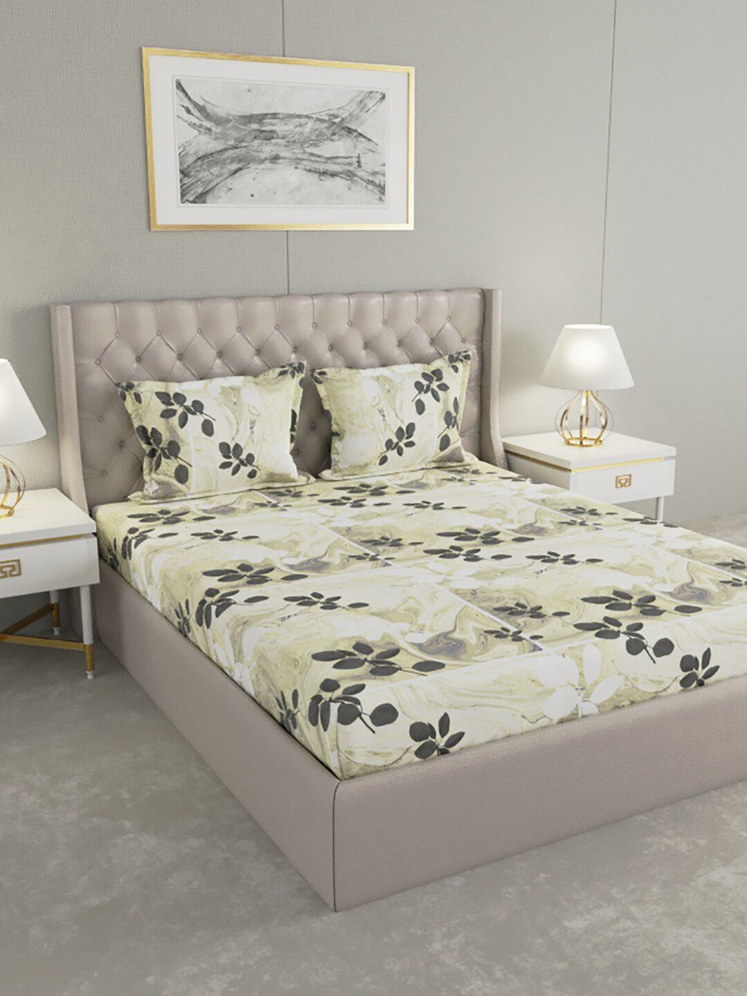 Raymond Home White & Green Floral 200 TC King Bedsheet with 2 Pillow Covers Price in India