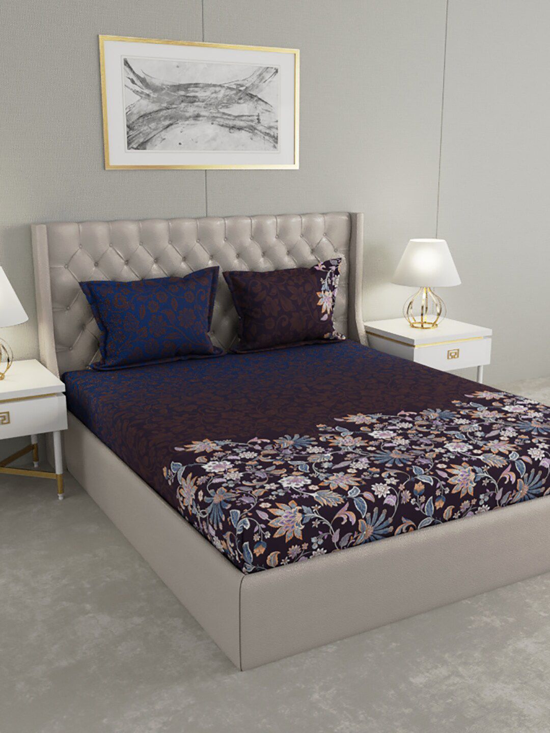 Raymond Home Navy Blue & Brown Floral 200 TC King Bedsheet with 2 Pillow Covers Price in India