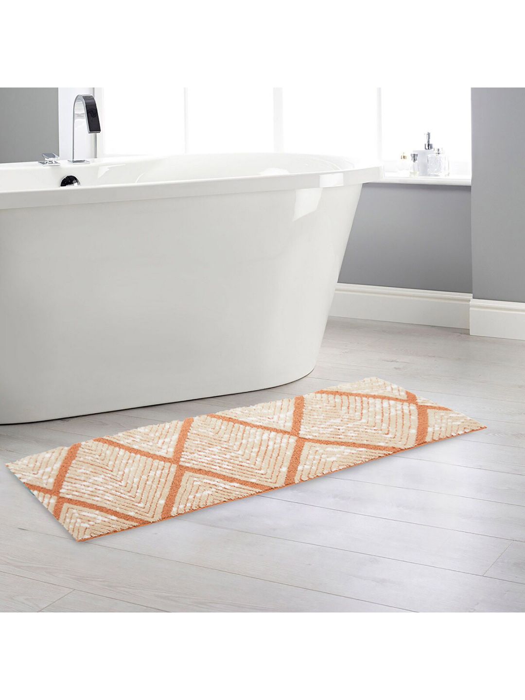 Home Centre Beige & Orange Woven Design Anti-Skid Bath Runner Price in India