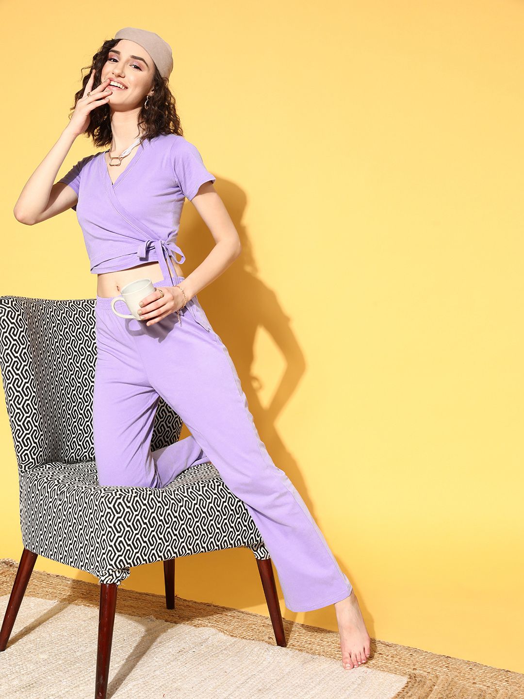 Masha Women Lavender Solid Pure Cotton Pyjama Set Price in India