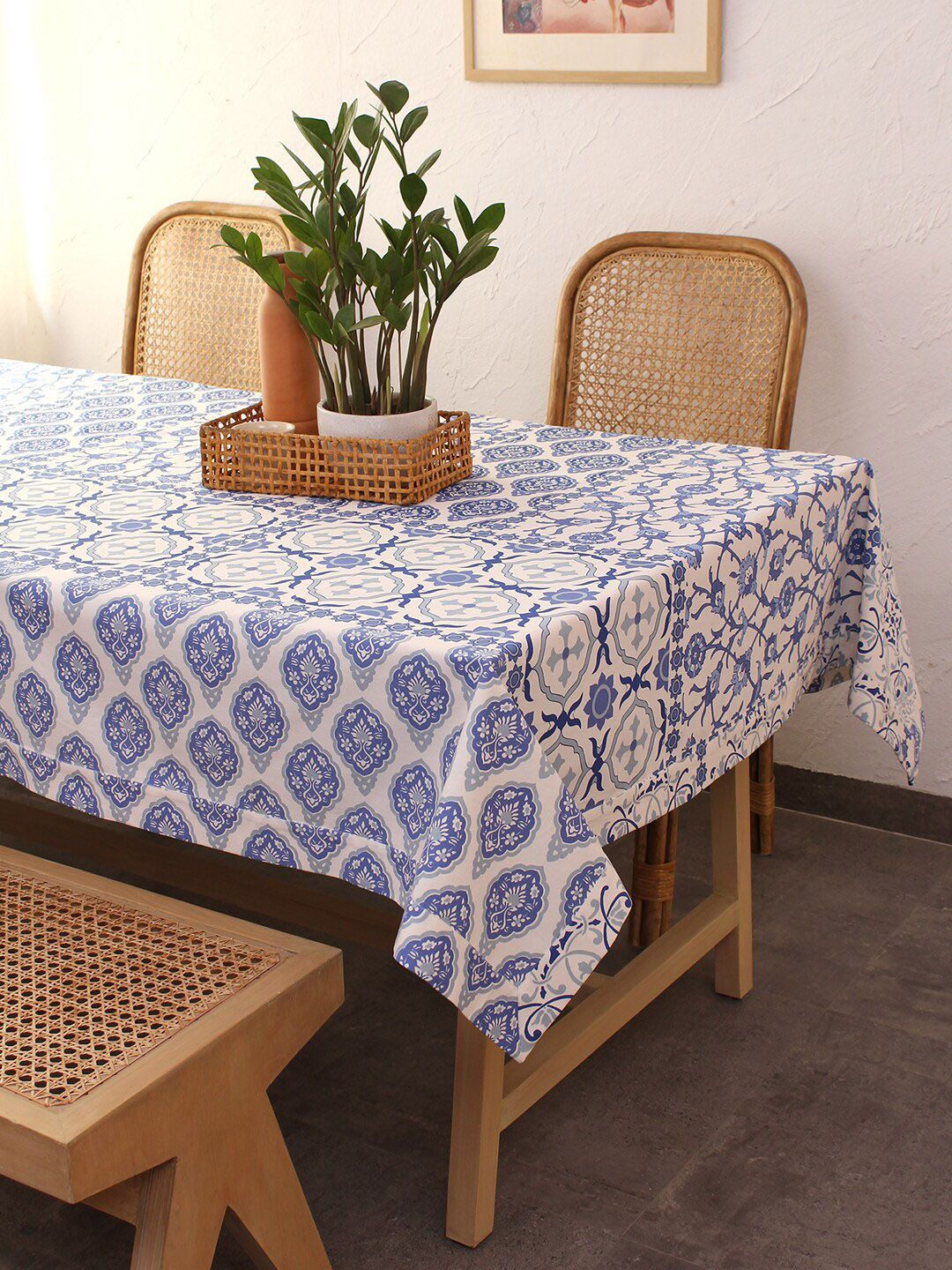 House This Blue Printed Pure Cotton 6 Seater Table Cloth Price in India
