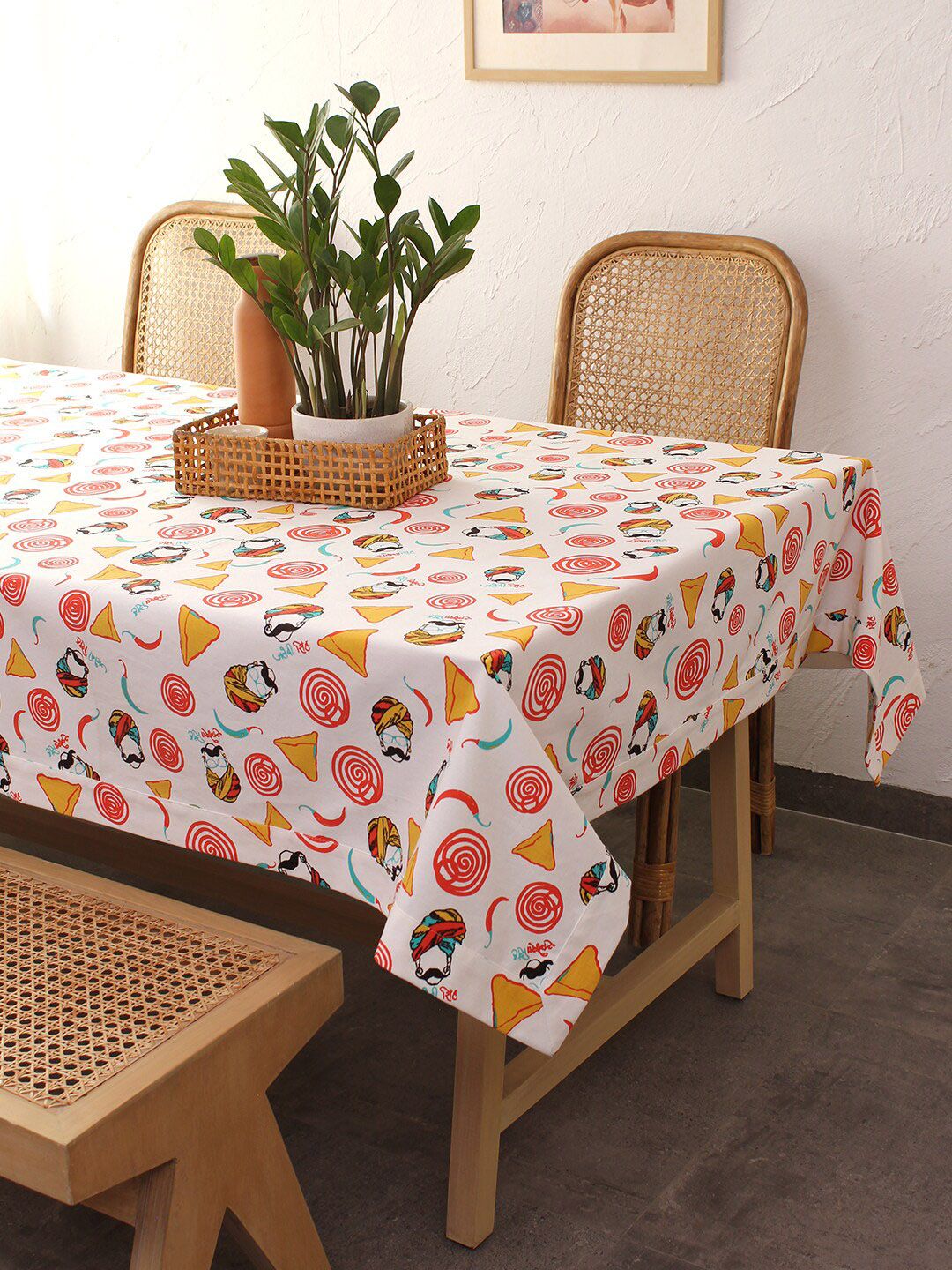 House This White & Orange Printed Pure Cotton 4-Seater Table Cloth Price in India