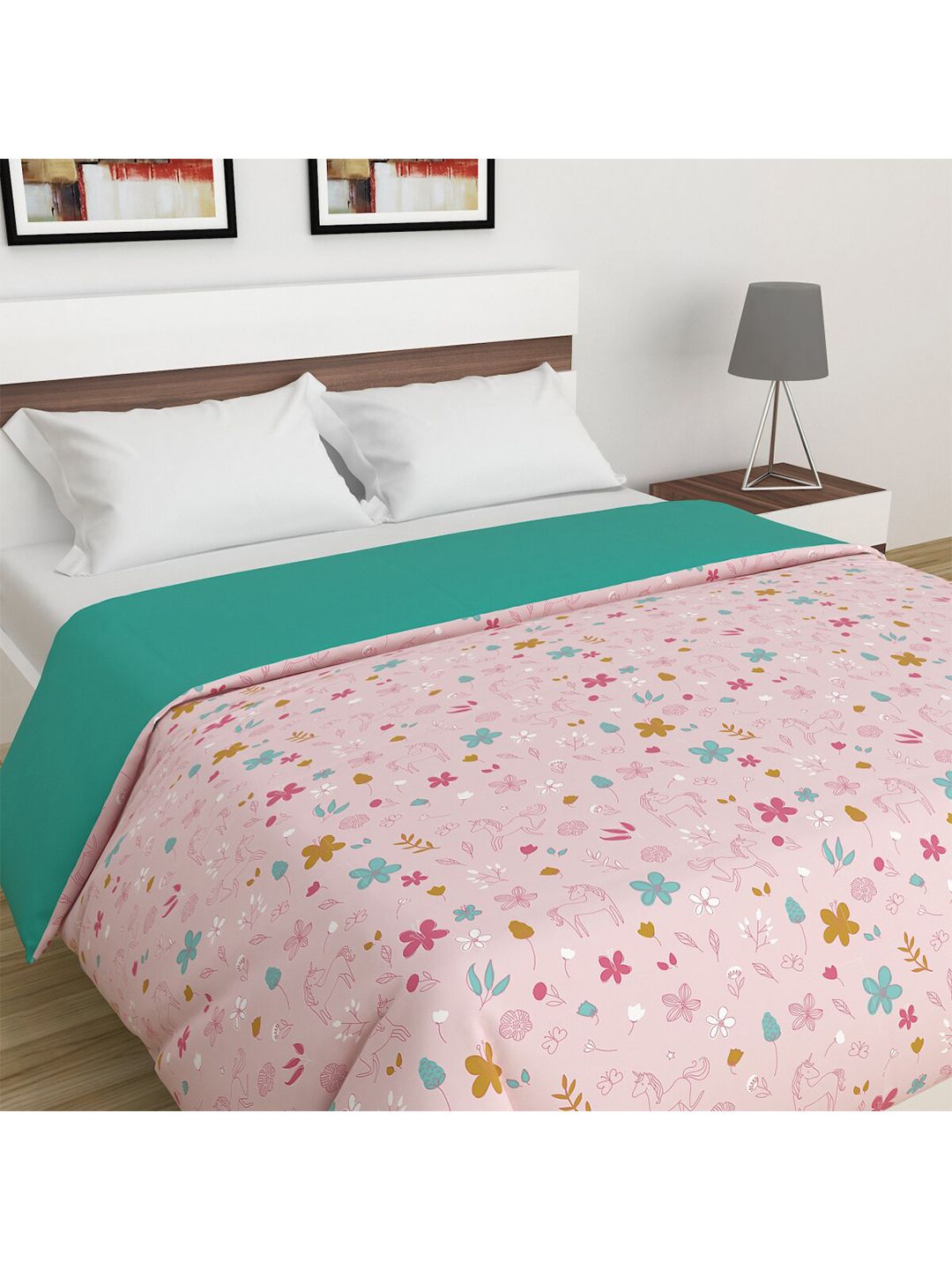 Home Centre Pink & Green Floral Mild Winter 350 GSM Cotton Double Bed Blanket Price in India