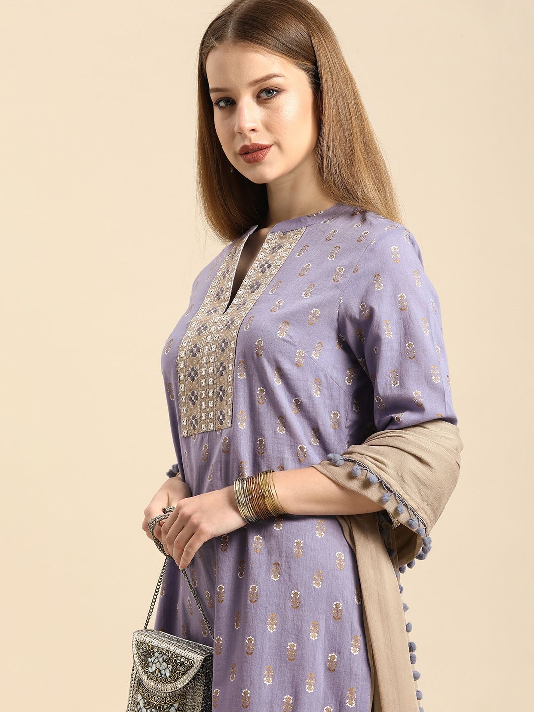 Anouk Women Purple & Gold Ethnic Print Mirror Work Cotton Straight Kurta Trousers Dupatta Price in India