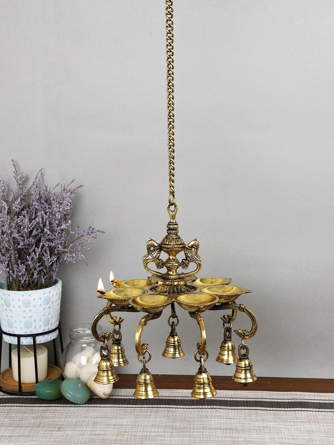 Imli Street Gold-Toned Brass Parrot Chain Hanging Diya With Bell Price in India