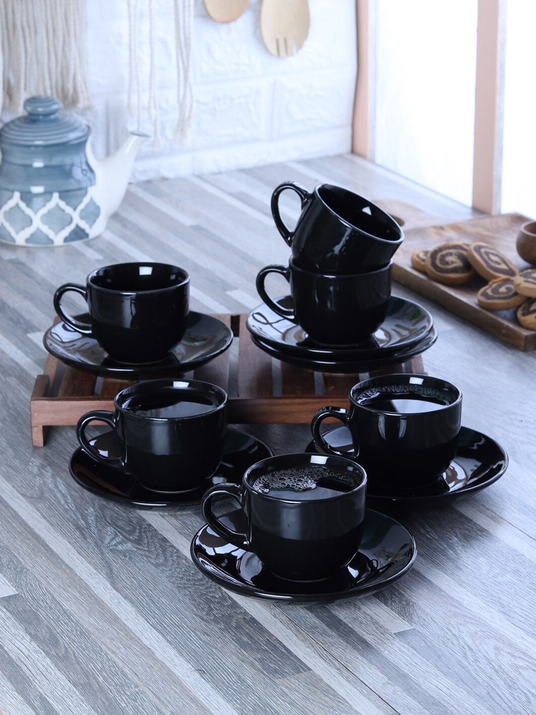 CDI Set Of 12 Black Solid Ceramic Glossy Cups and Saucers Price in India