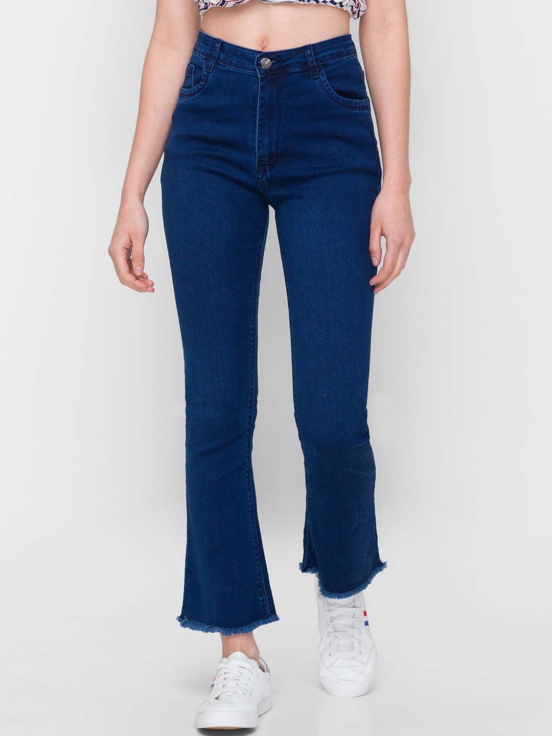 ZOLA Women Blue Frayed Cotton Cropped Bootcut Jeans Price in India