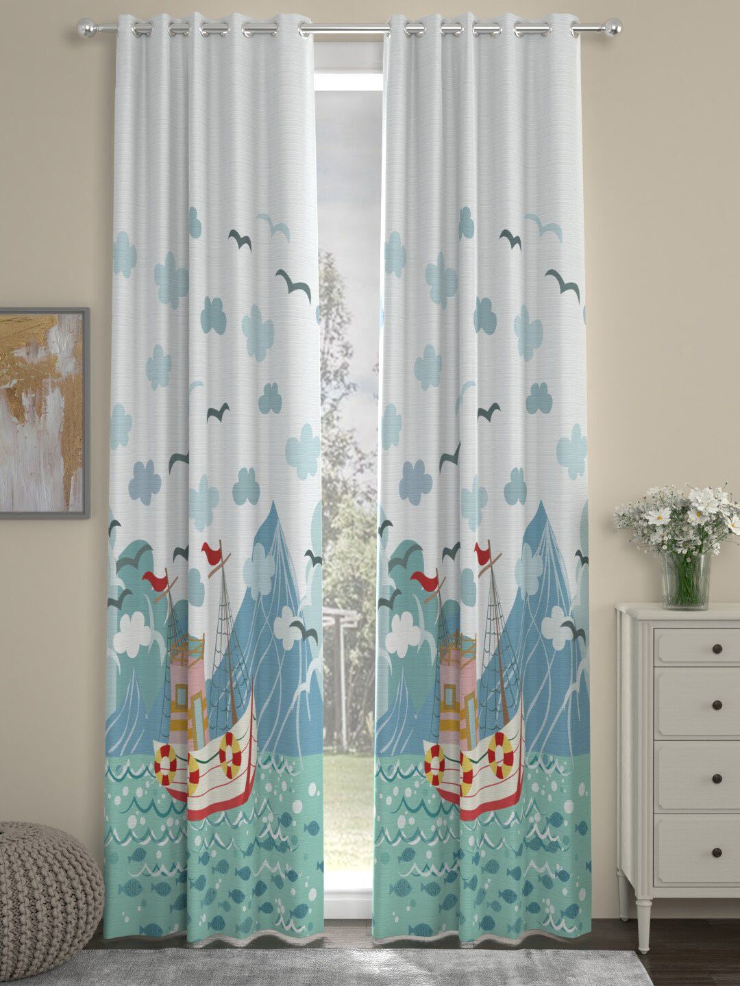 ROSARA HOME White & Blue Set of 2 Quirky Door Curtain Price in India