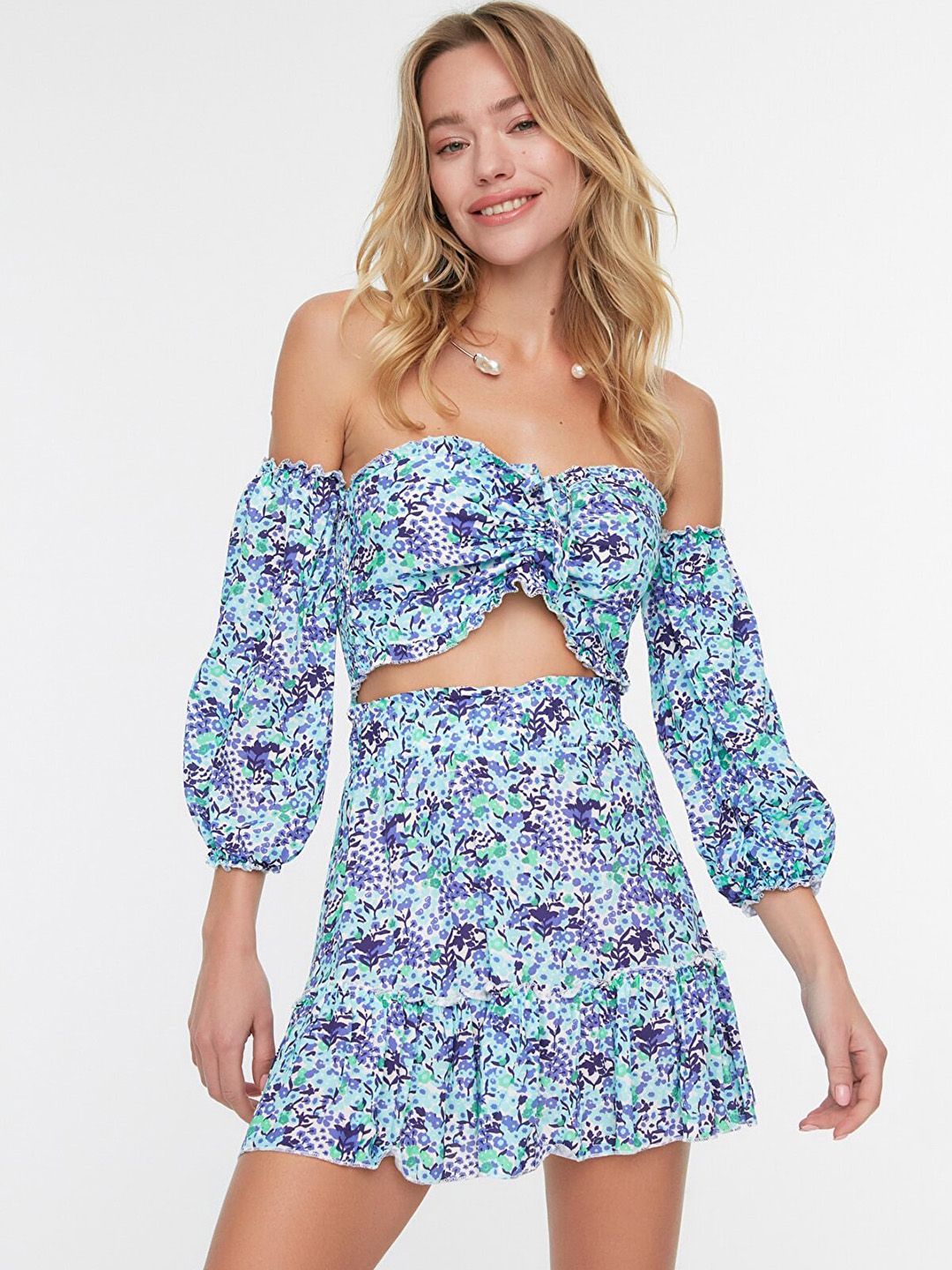 Trendyol Women Blue & White Floral Print Top with Skirt